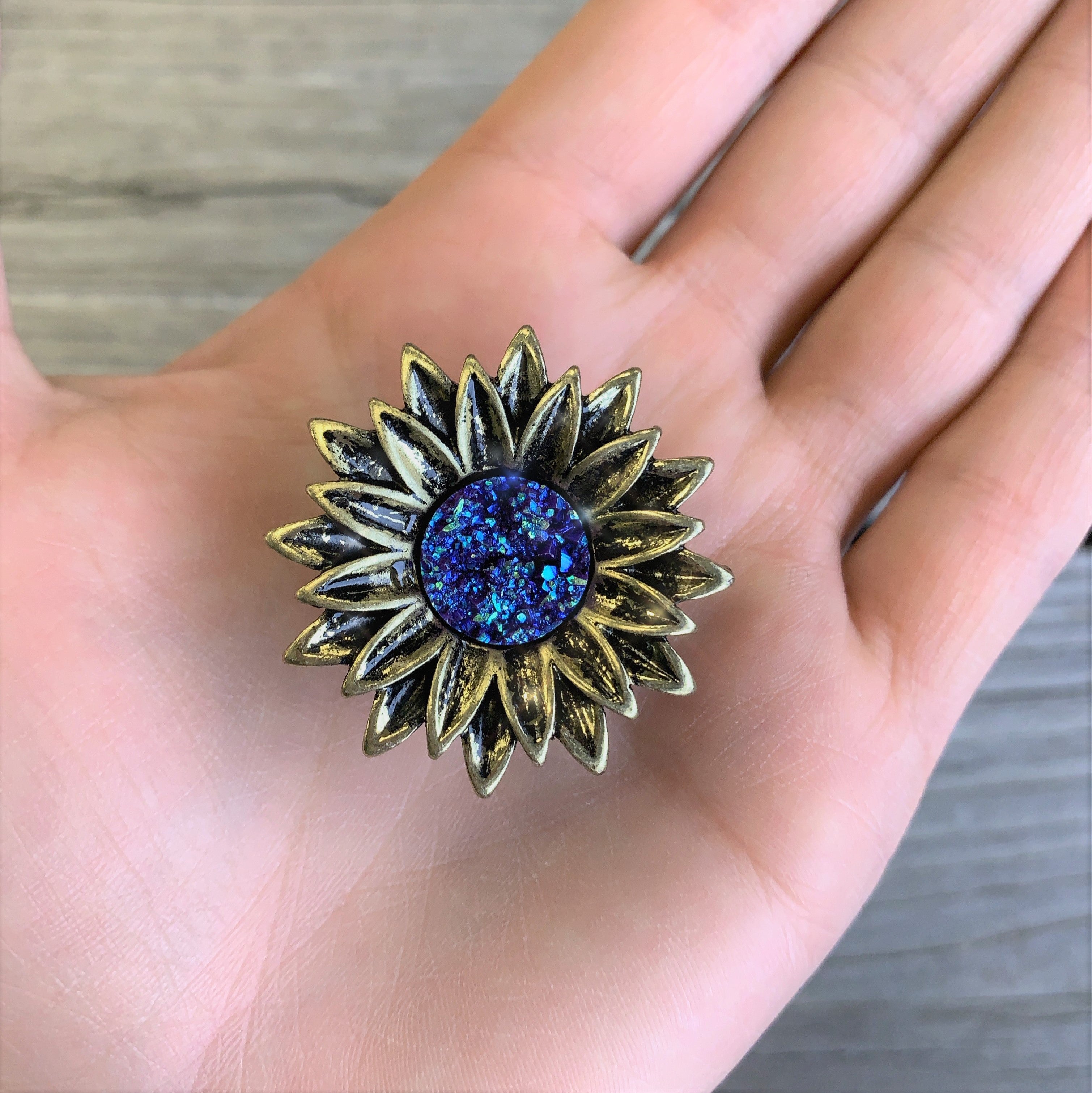 Blue Faux Druzy Sunburst Flower Double Flare Plug Set 2G to 1"