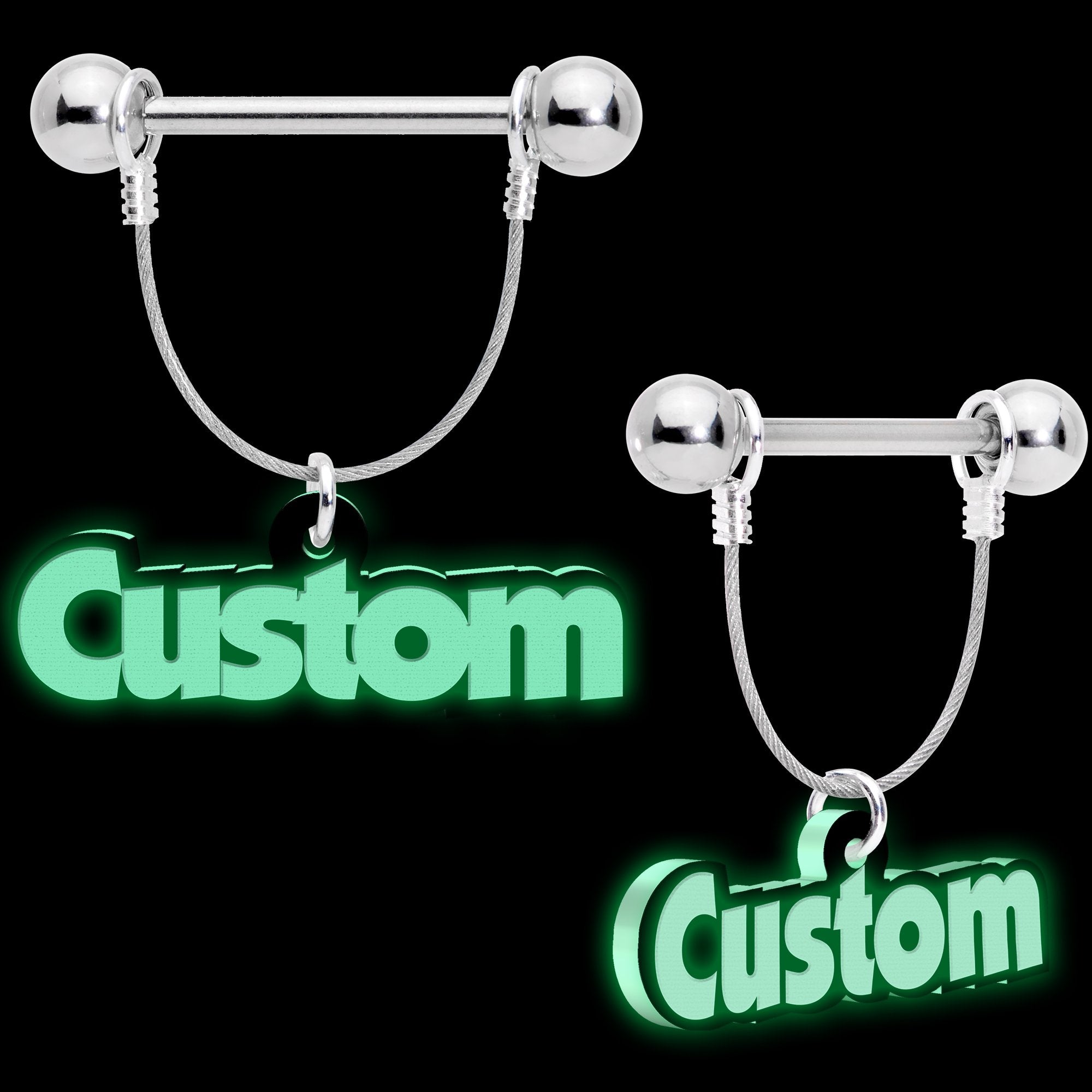 Custom Glow in the Dark Personalized Name Dangle Nipple Ring Set lightweight body jewelry