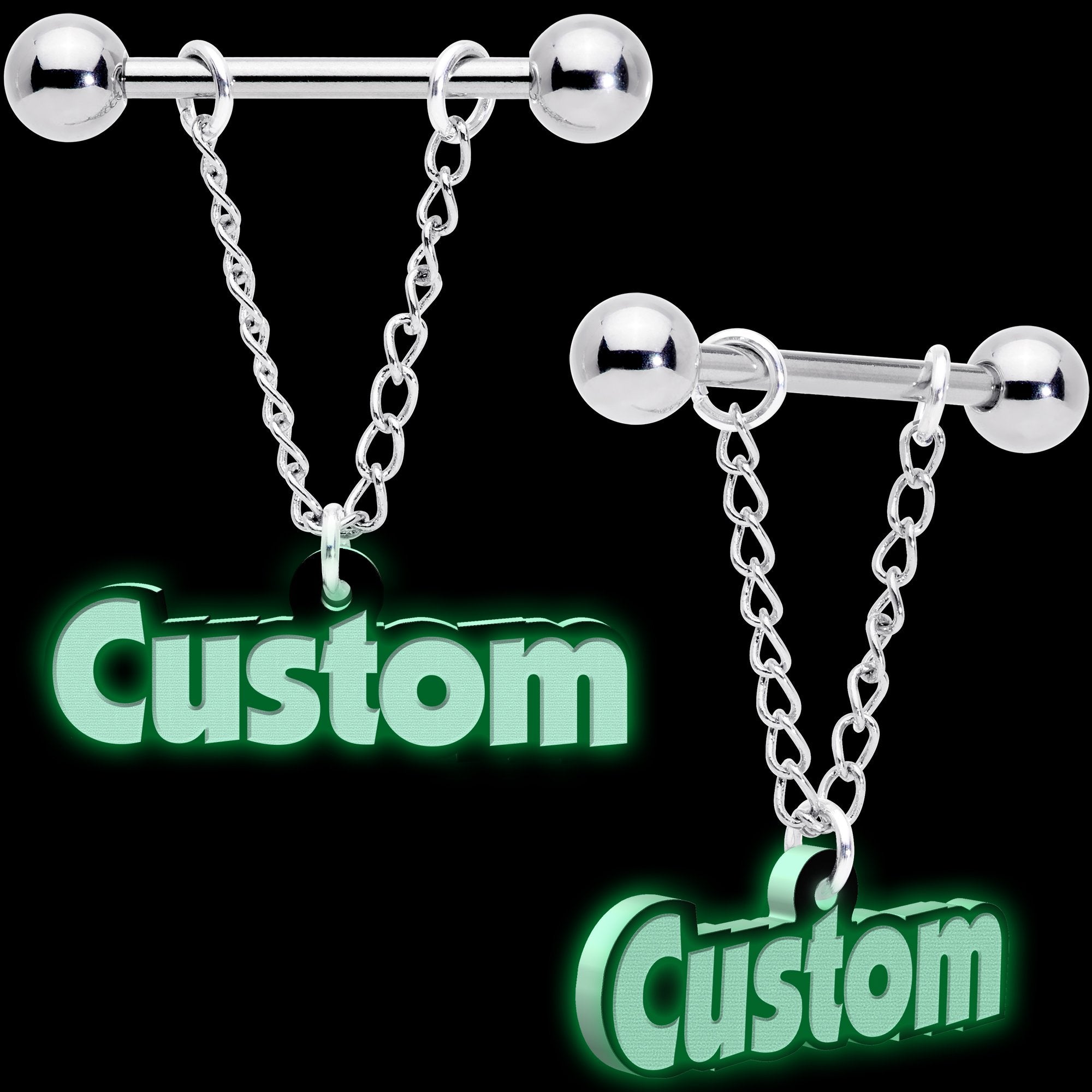 Custom Glow in the Dark Chain Personalized Name Dangle Nipple Ring Set