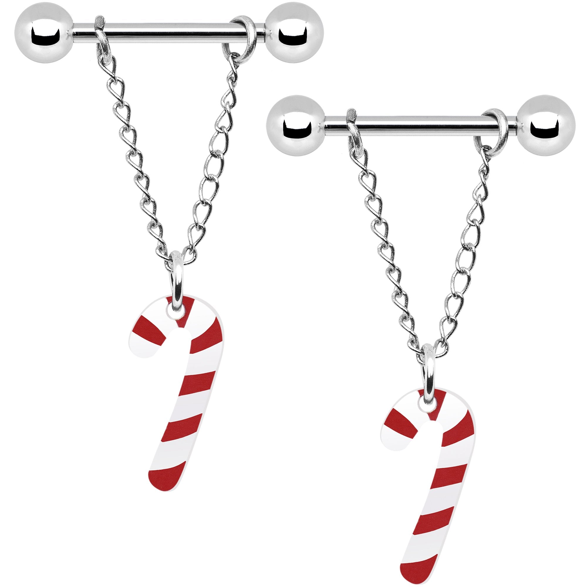 14 Gauge Christmas Candy Cane Chain Dangle Nipple Ring Set