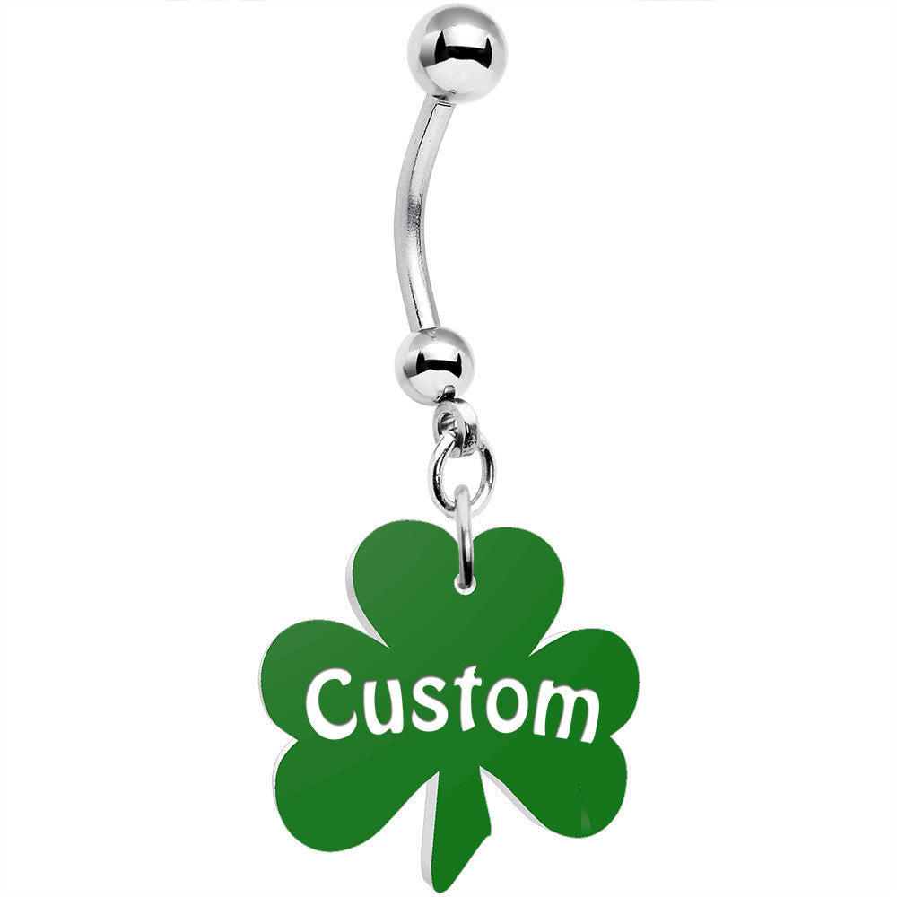Custom Green Shamrock Saint Patricks Day Dangle Hypoallergenic Stainless Steel Belly Ring