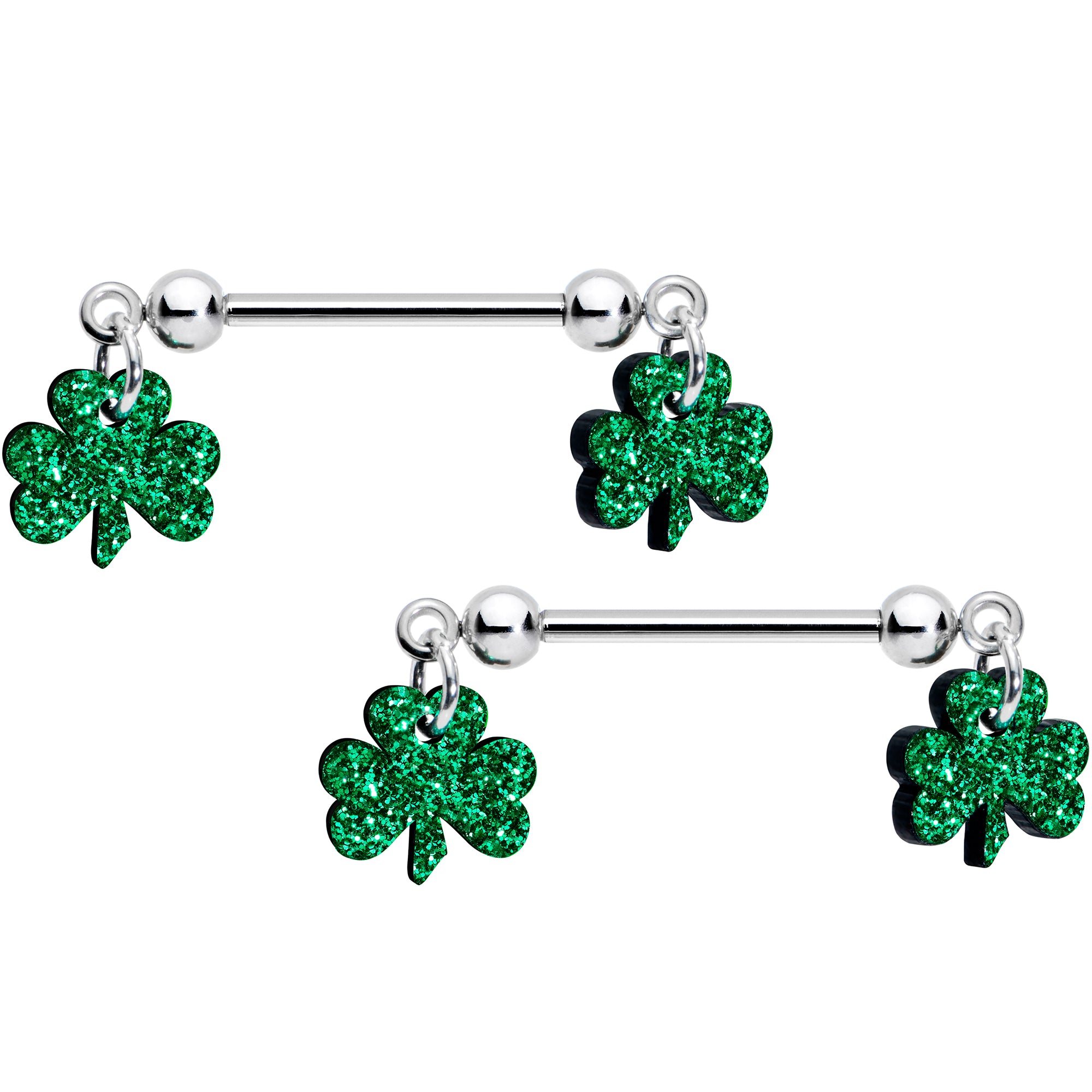 14 Gauge 5/8 Green Glitter St Patricks Day Shamrock Nipple Ring Set