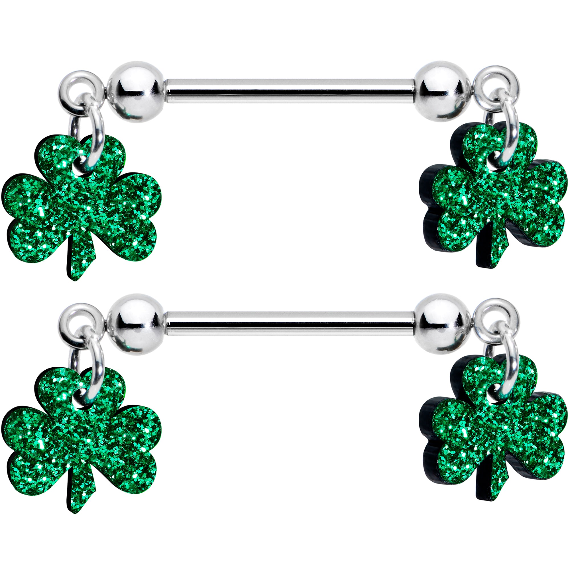 14 Gauge 5/8 Green Glitter St Patricks Day Shamrock Nipple Ring Set