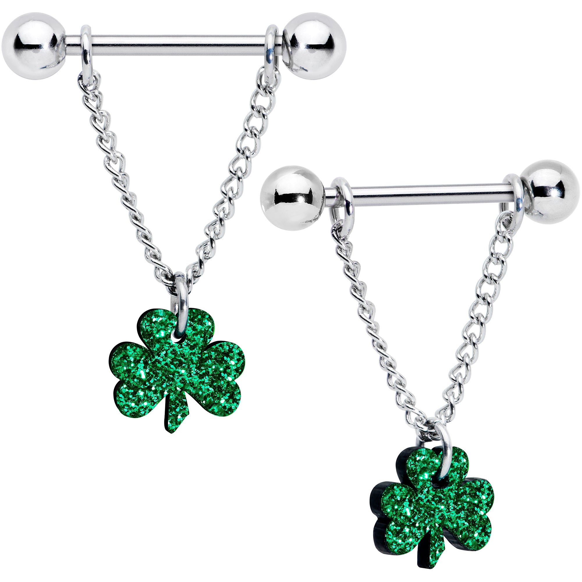 14 Gauge 5/8 Green Glitter Shamrock Chain Dangle Nipple Ring Set