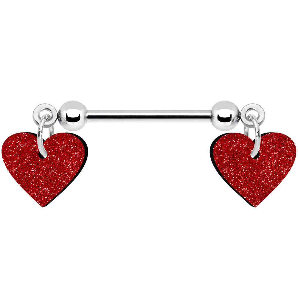 14 Gauge 5/8 Red Glitter Valentines Day Heart Nipple Ring Set