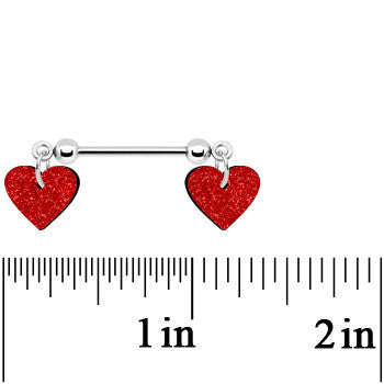 14 Gauge 5/8 Red Glitter Valentines Day Heart Nipple Ring Set lightweight body jewelry