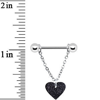 Black Glitter Heart Chain Dangle Nipple Ring Set lightweight body jewelry
