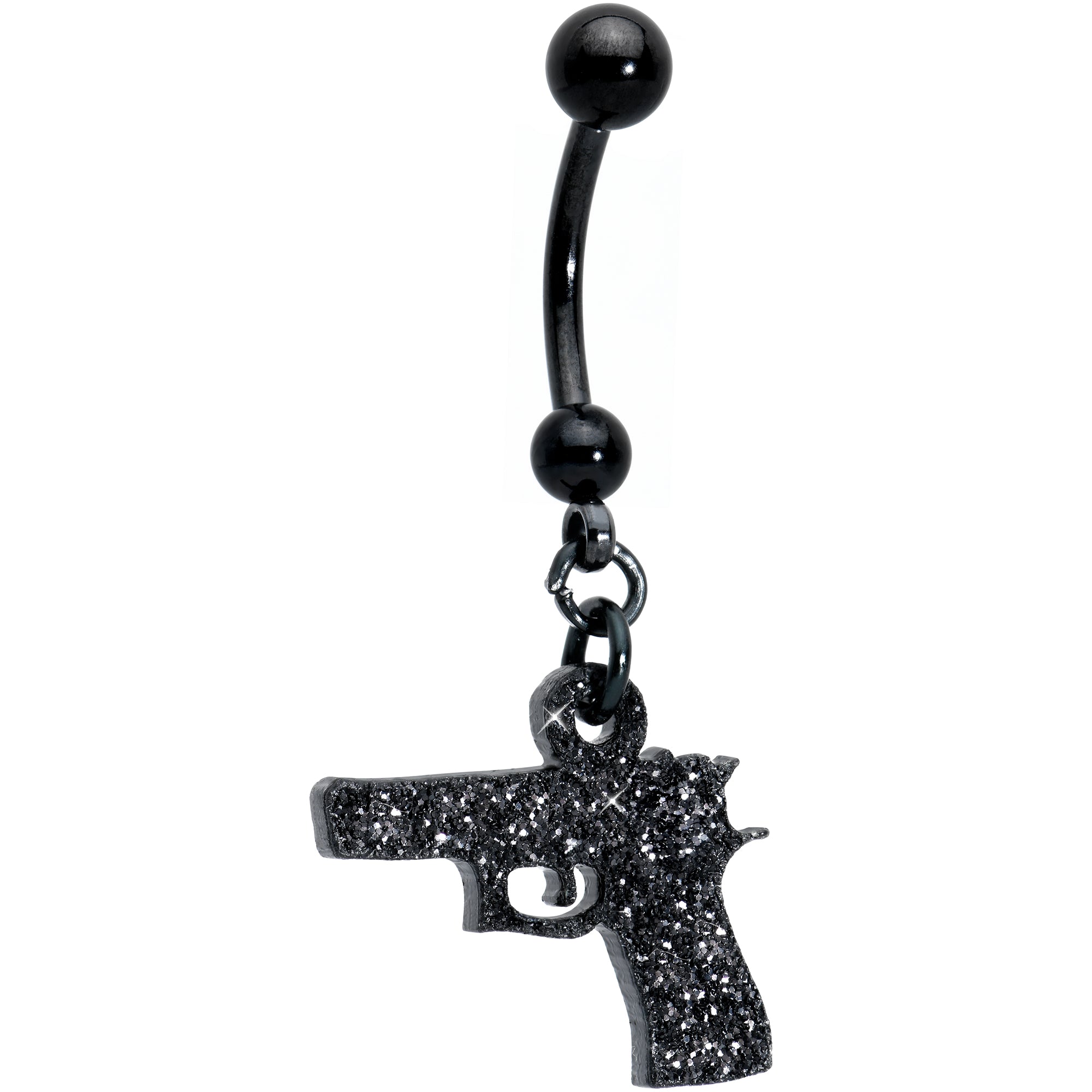 Jet Black Glitter Gun Dangle Hypoallergenic Stainless Steel Belly Ring