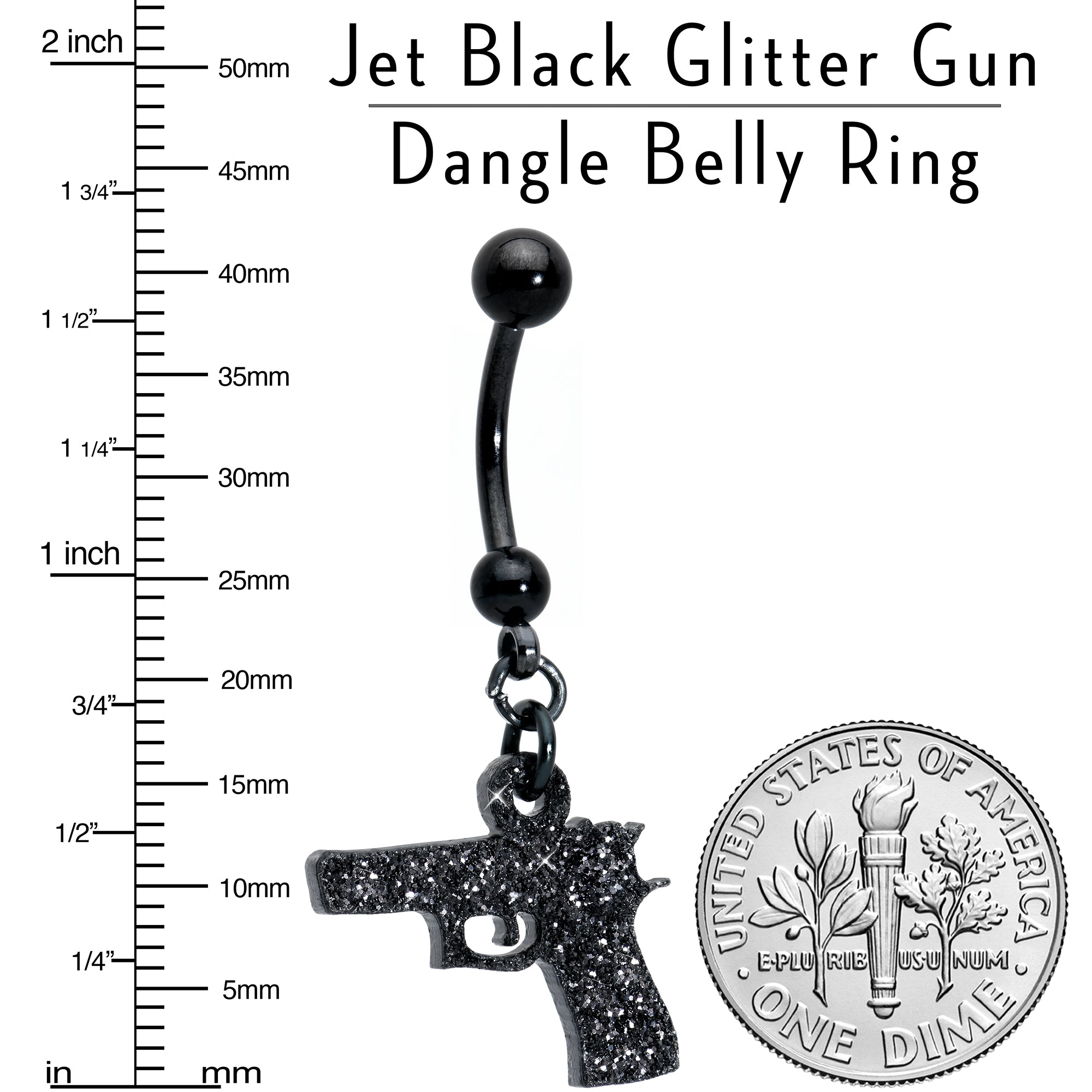 Jet Black Glitter Gun Dangle Stainless Steel Belly Ring custom design option