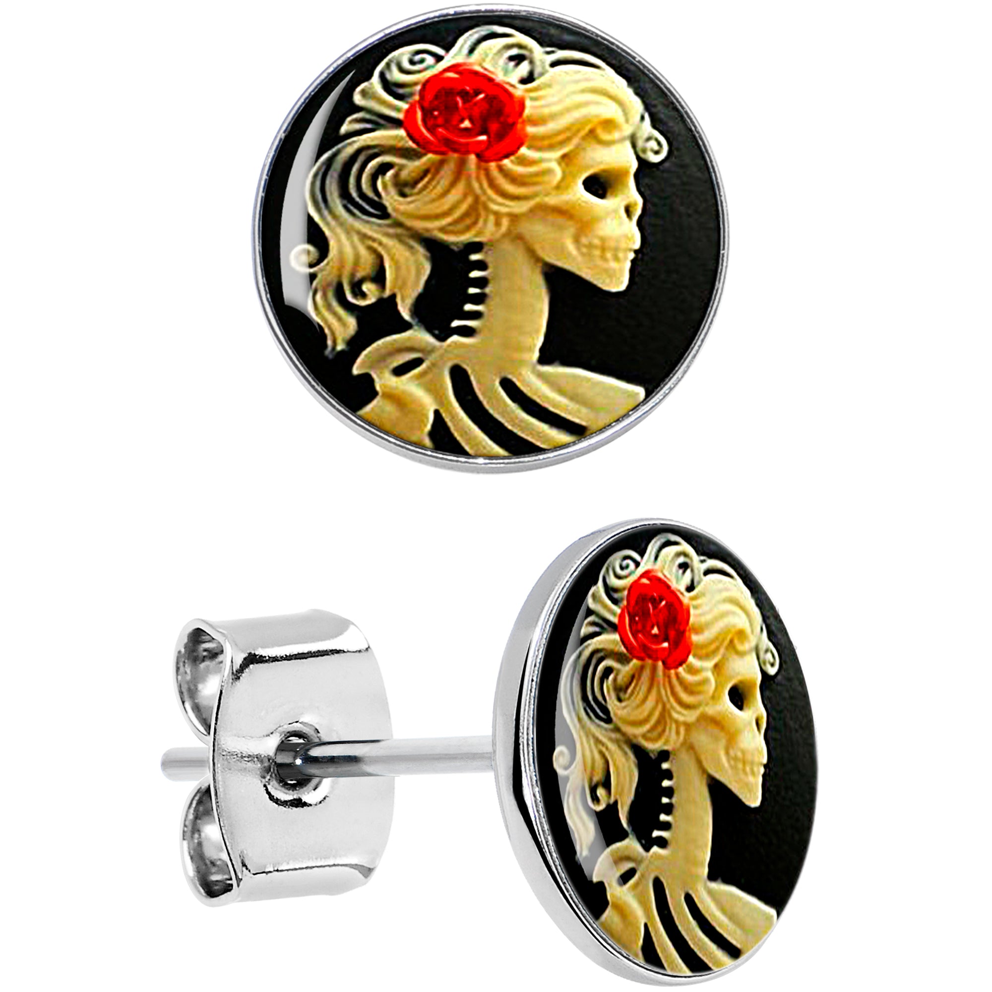 Red Rose Flower Skeleton Cameo Hypoallergenic Stainless Steel Stud Earrings