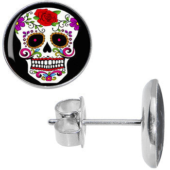 White Sugar Skull Stainless Steel Stud Earrings lightweight body jewelry