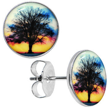 Glow in the Dark Sunset Tree Stainless Steel Stud Earrings lightweight body jewelry