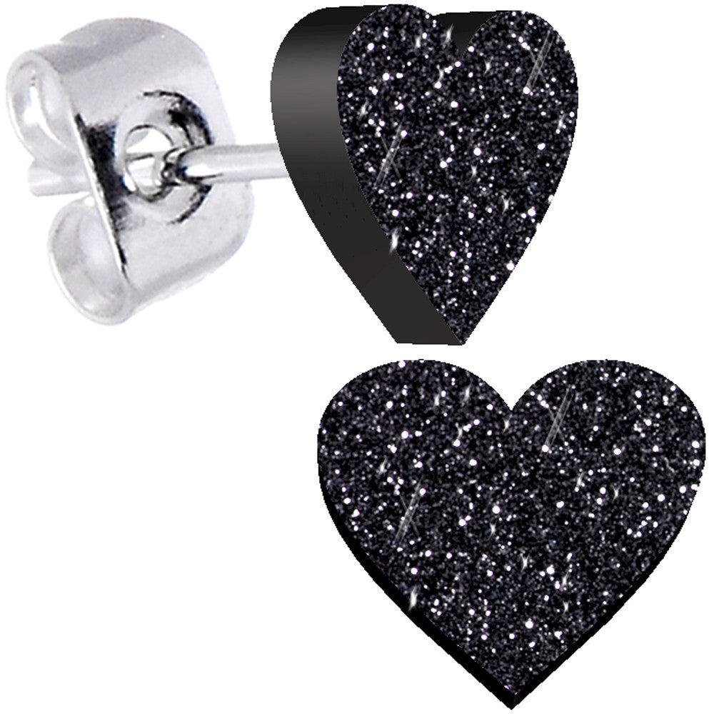 Ebony Black Glitter Heart Stud Earrings