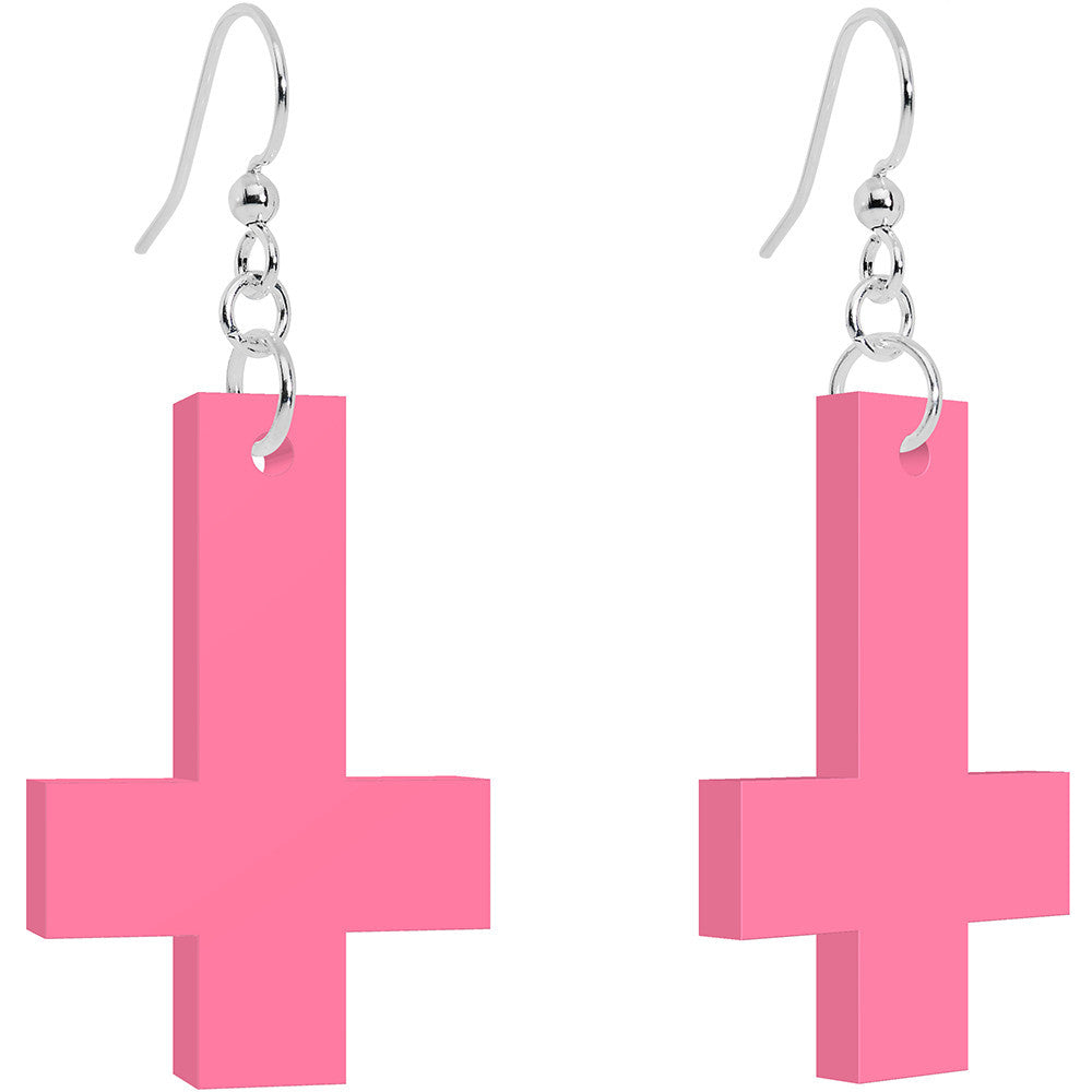 Pink Inverted Cross Dangle Earrings