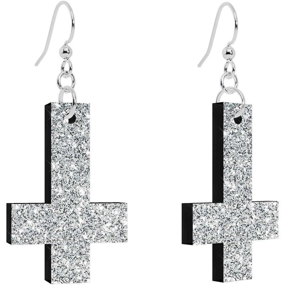 Diamond Dust Glitter Inverted Cross Dangle Earrings