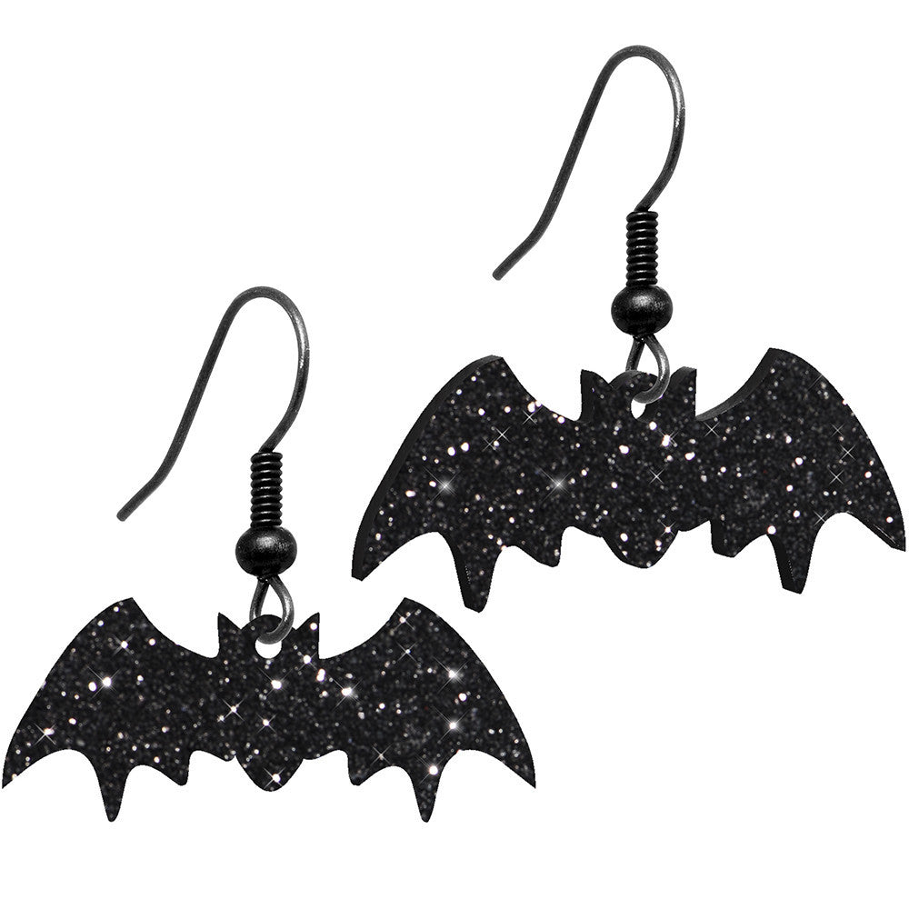 Glittery Black Bat Dangle Earrings