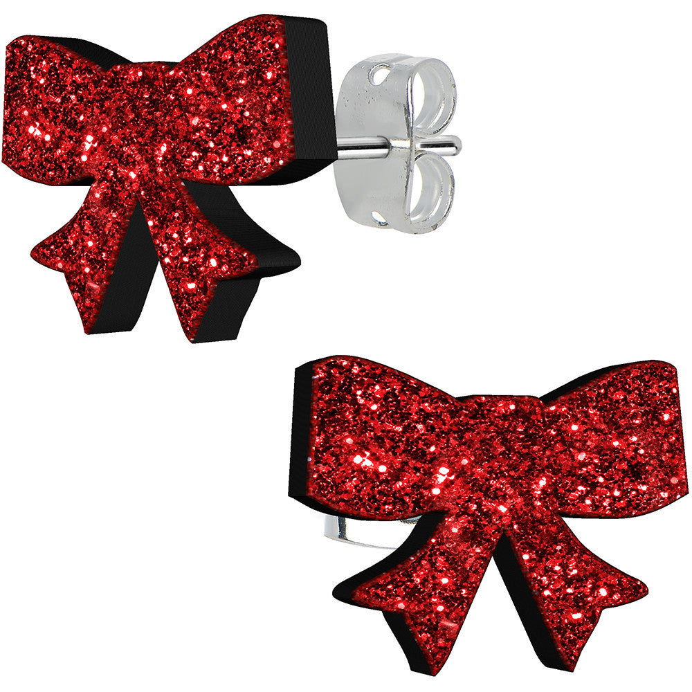 Ruby Red Glitter Ribbon Bow Stud Earrings