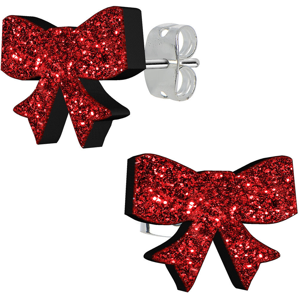 Ruby Red Glitter Ribbon Bow Hypoallergenic Stainless Steel Stud Earrings