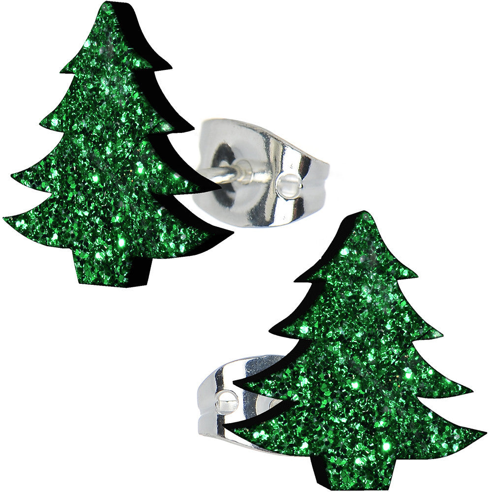 Green Glitter Christmas Tree Hypoallergenic Stainless Steel Stud Earrings