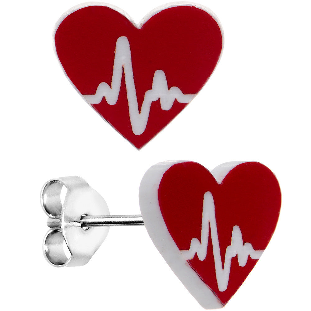 EKG Make My Heartbeat Race Red Heart Stud Earrings