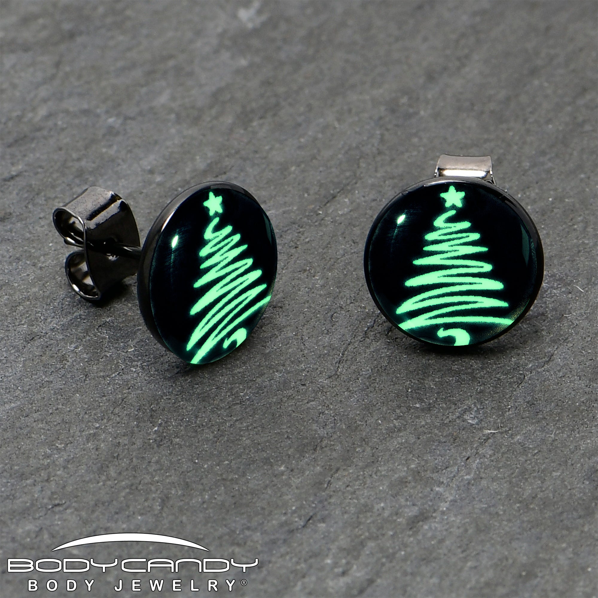 Black Anodized Glow in the Dark Holiday Christmas Tree Stud Earrings by Onyx O