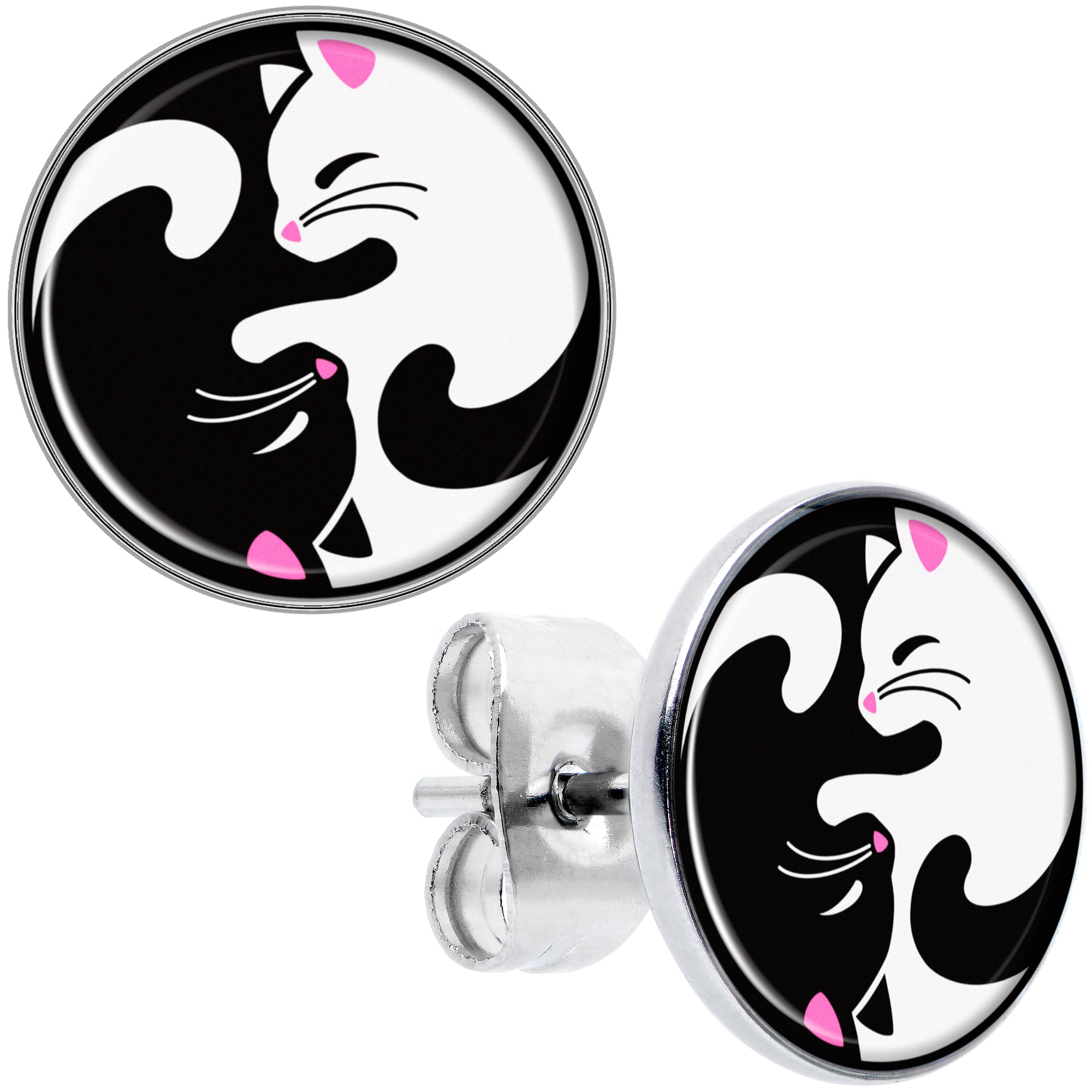 Cute Kitty Cat Yin Yang Hypoallergenic Stainless Steel Stud Earrings