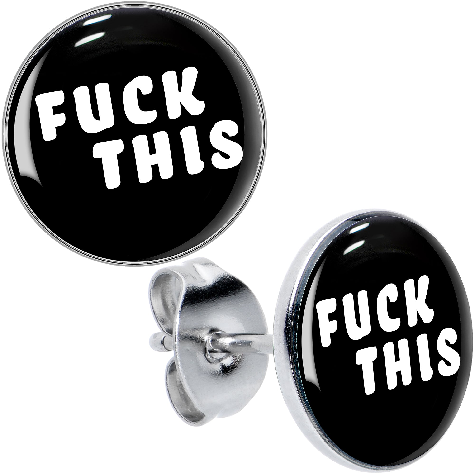 Black and White F*ck This Hypoallergenic Stainless Steel Stud Earrings