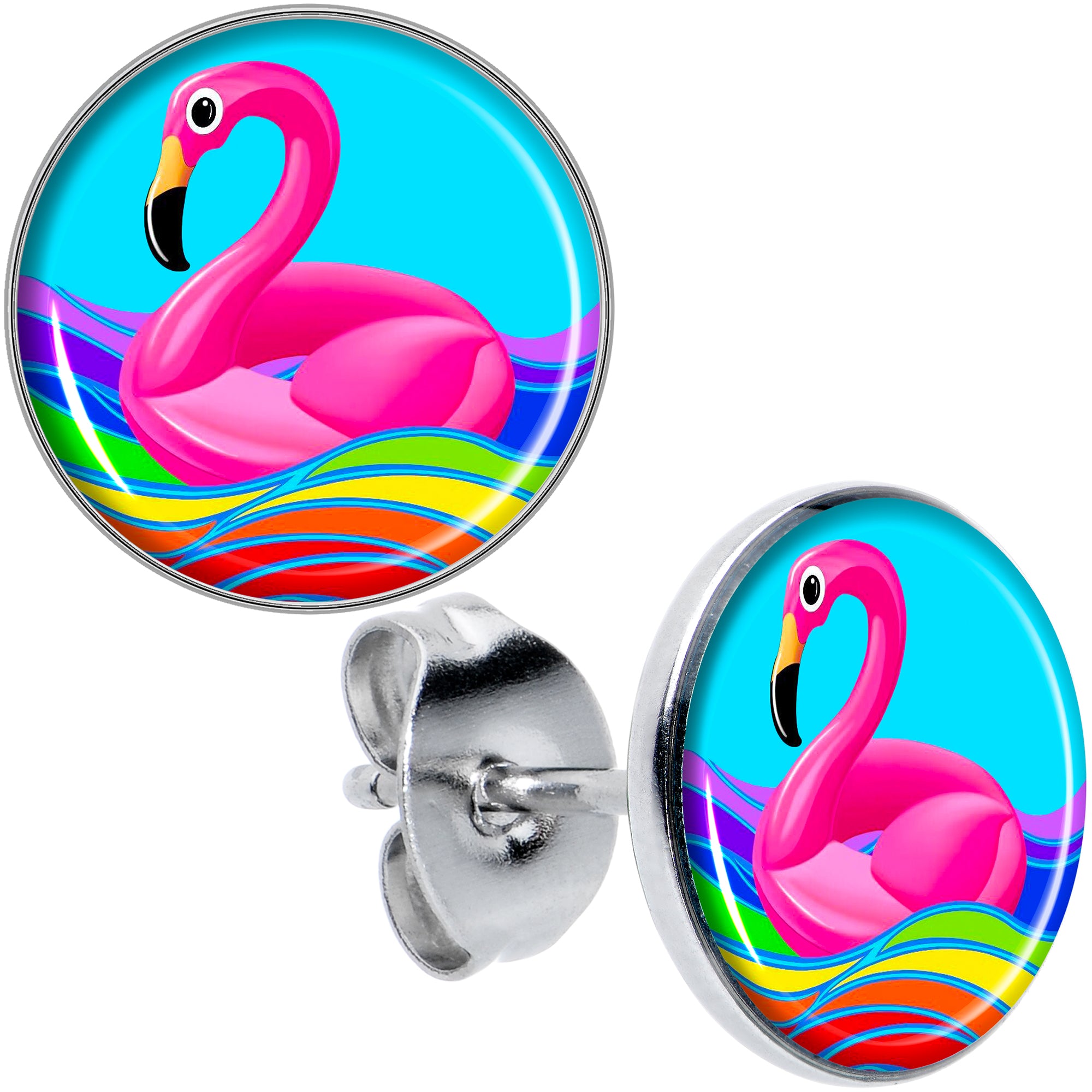 Rainbow Sea Floating Flamingo Hypoallergenic Stainless Steel Stud Earrings