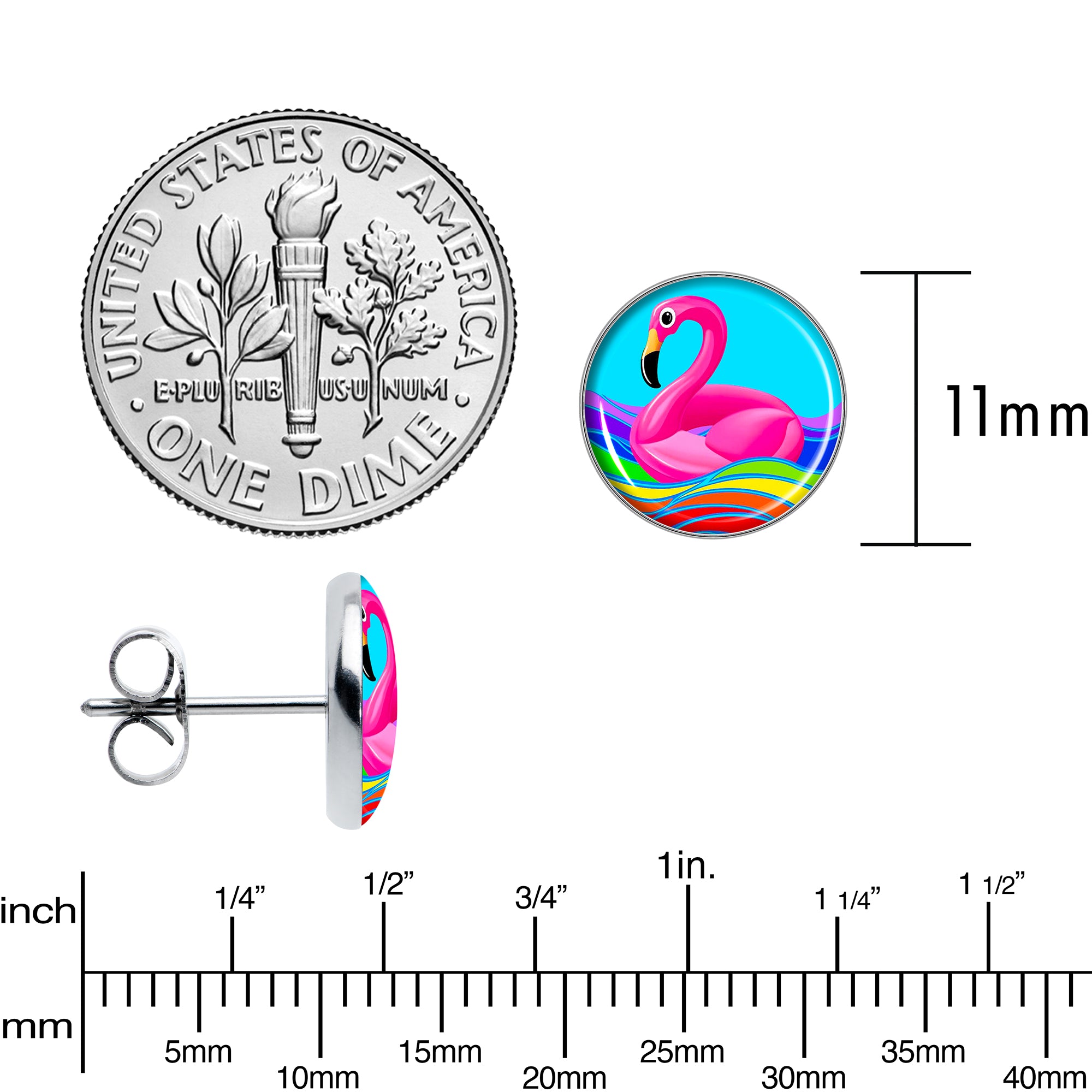 Rainbow Sea Floating Flamingo Stainless Steel Stud Earrings perfect for sensitive ears