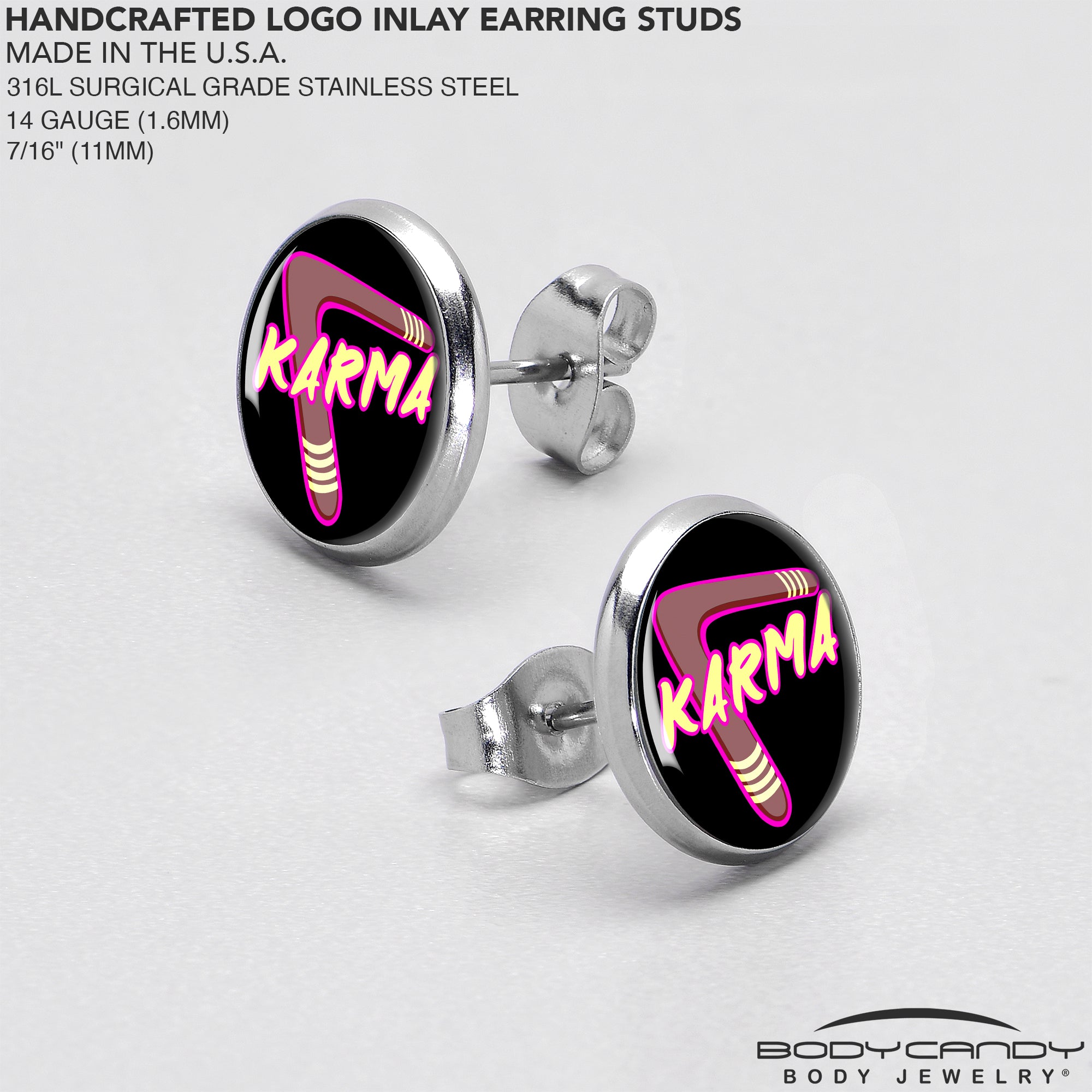 Karmic Boomerang Stainless Steel Stud Earrings custom design option