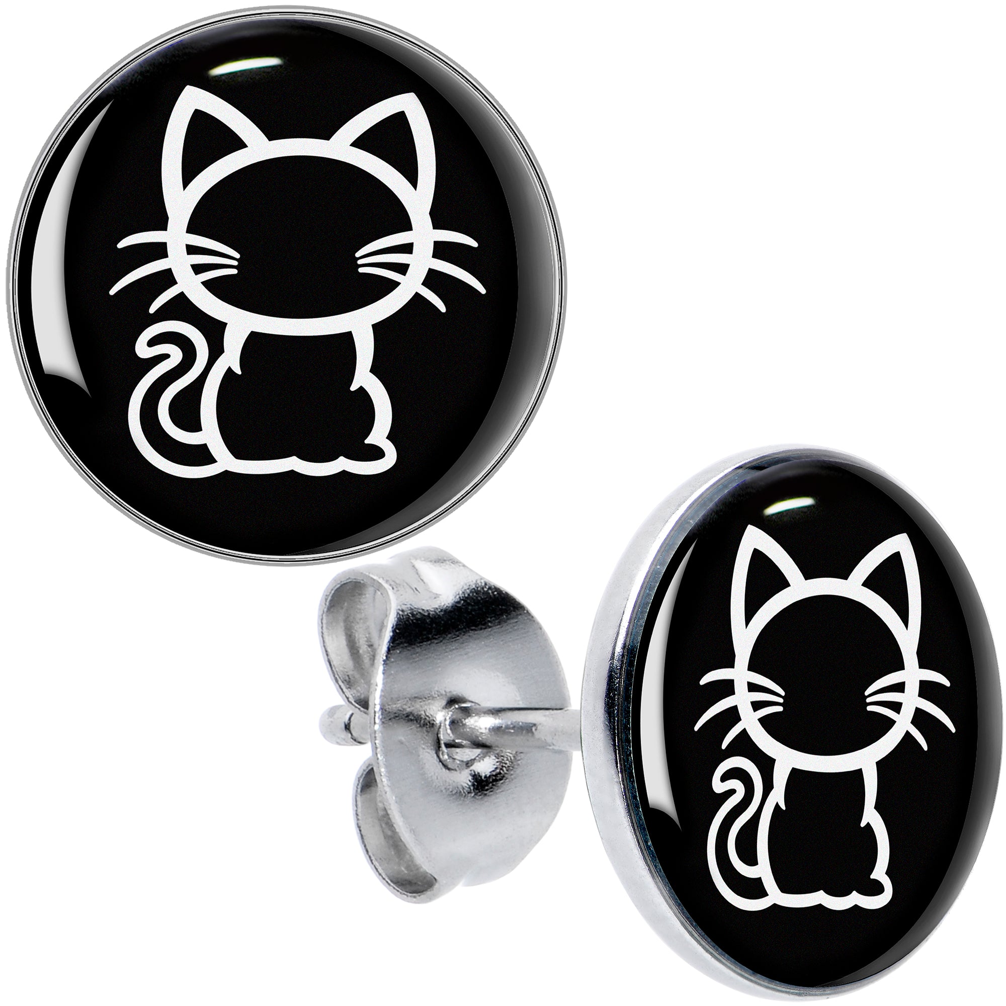 Black and White Kitty Cat Hypoallergenic Stainless Steel Stud Earrings