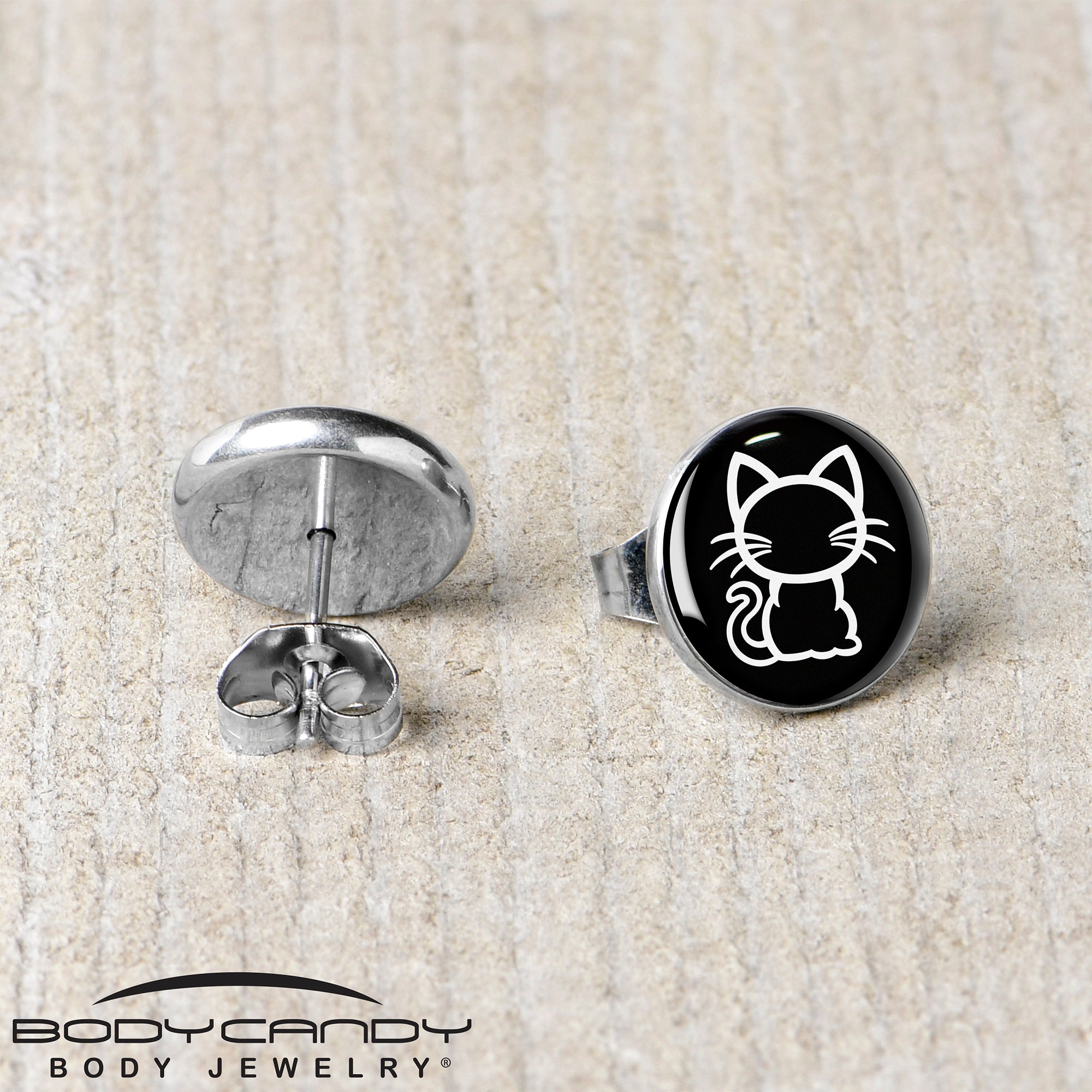 Black and White Kitty Cat Stainless Steel Stud Earrings stainless steel hypoallergenic