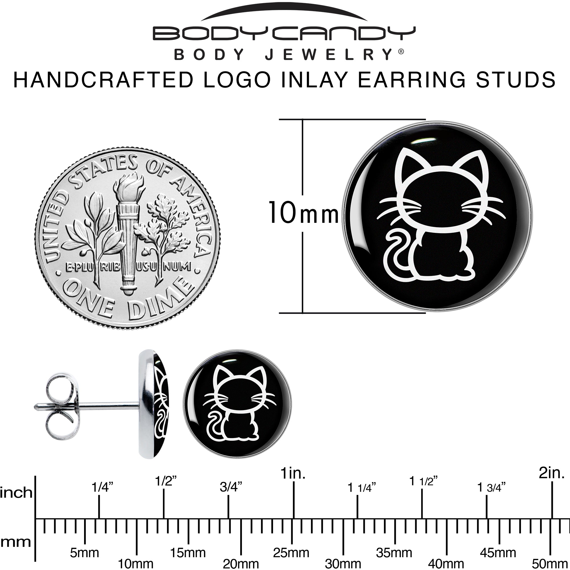 Black and White Kitty Cat Stainless Steel Stud Earrings perfect for sensitive ears