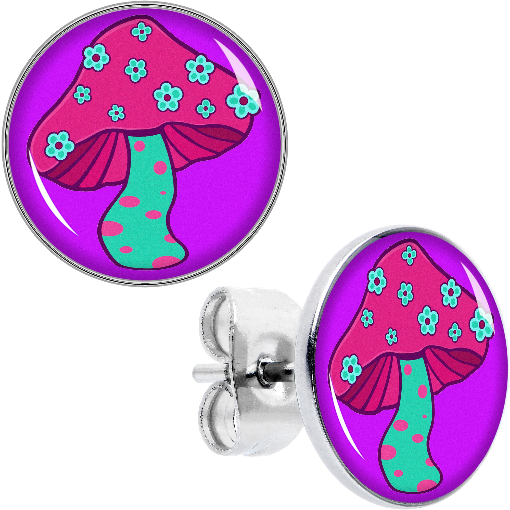 Funky Floral Mushroom Hypoallergenic Stainless Steel Stud Earrings