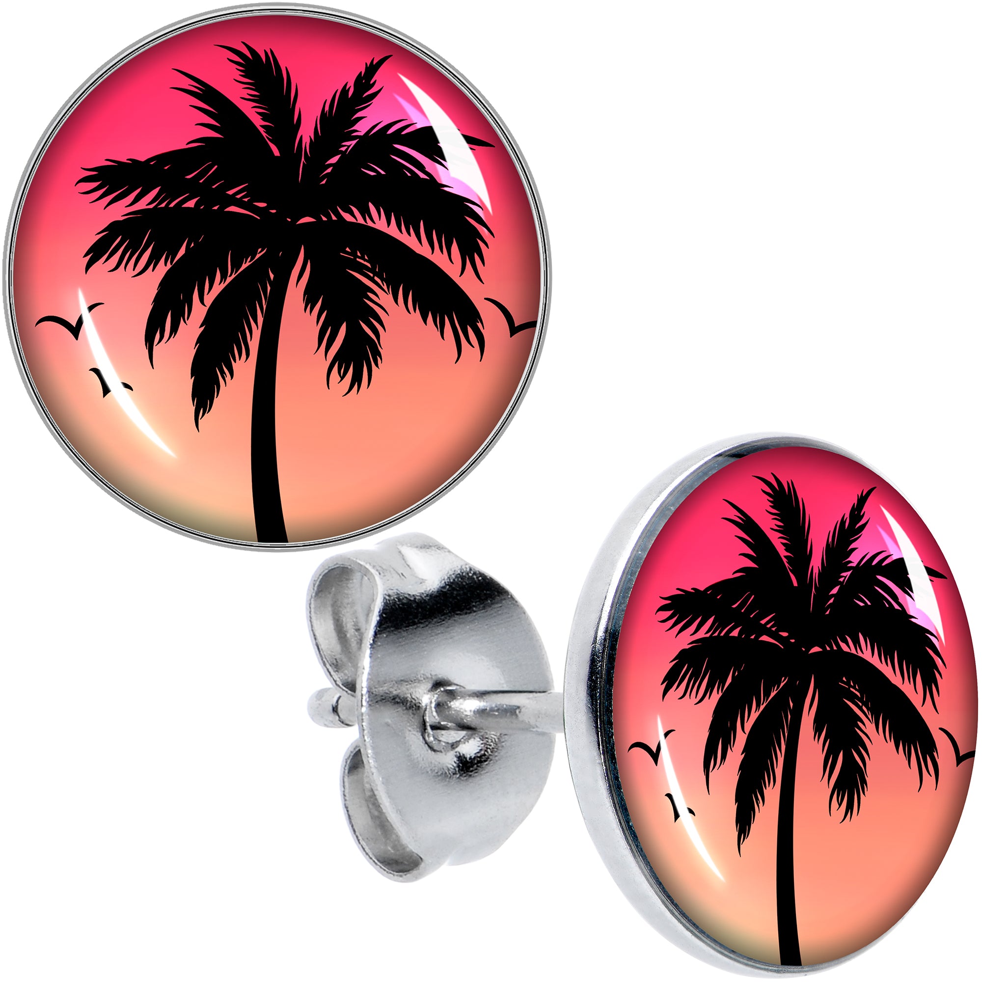Red Sunset Palm Tree Hypoallergenic Stainless Steel Stud Earrings