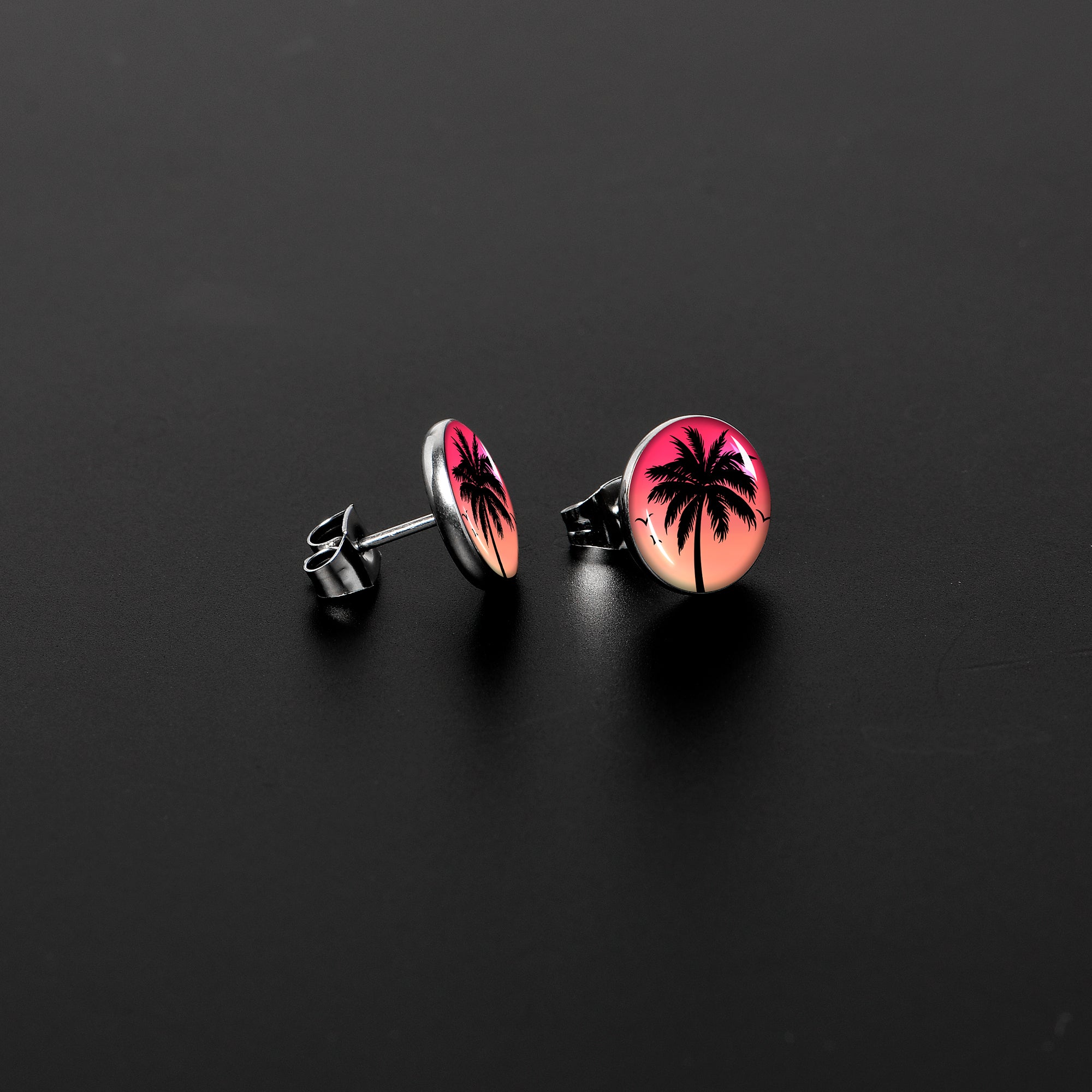 Red Sunset Palm Tree Stainless Steel Stud Earrings stylish jewelry