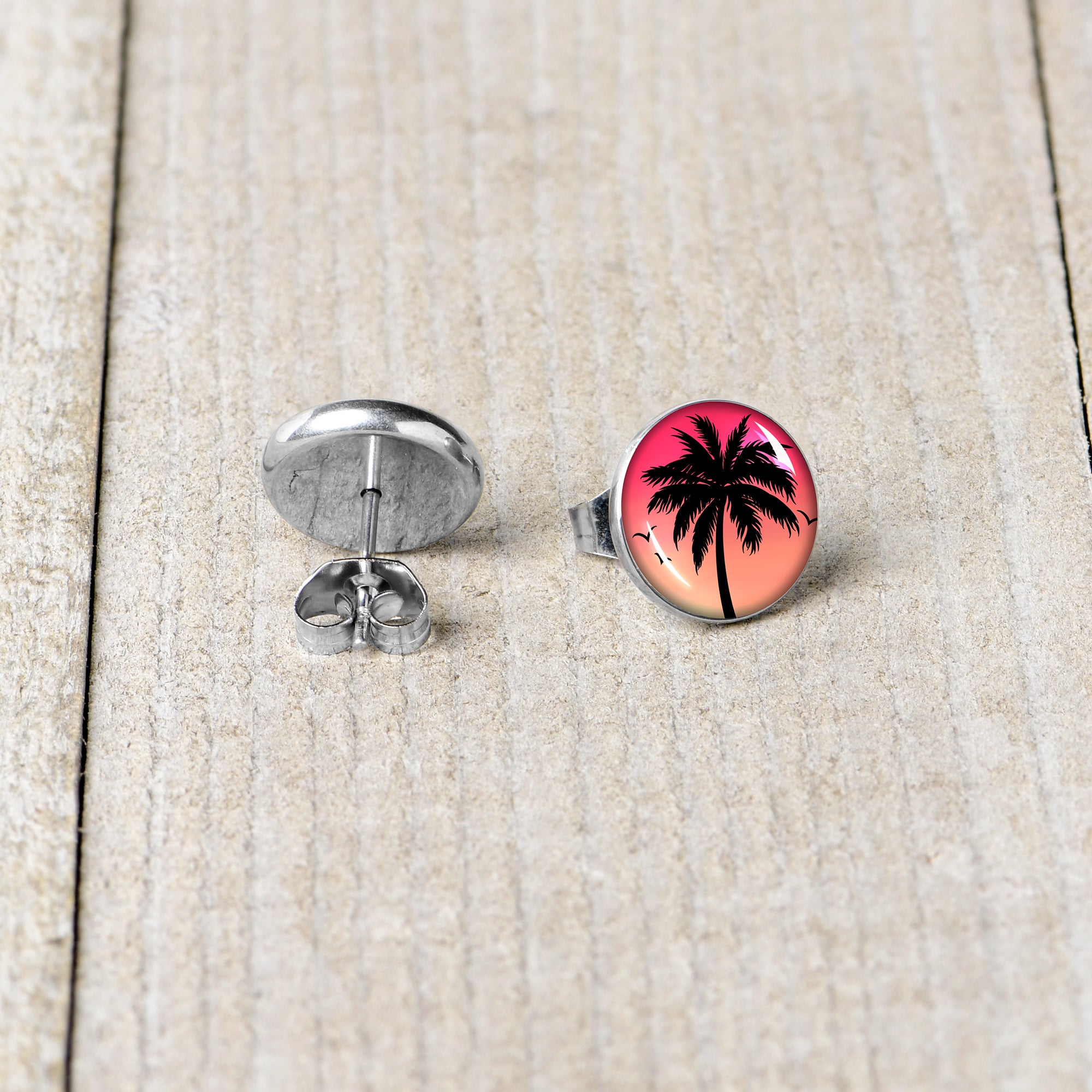 Red Sunset Palm Tree Stainless Steel Stud Earrings stainless steel hypoallergenic