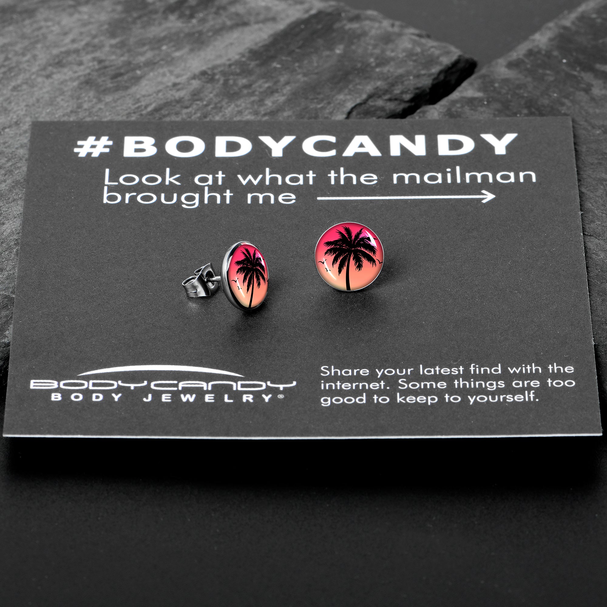 Red Sunset Palm Tree Stainless Steel Stud Earrings custom design option