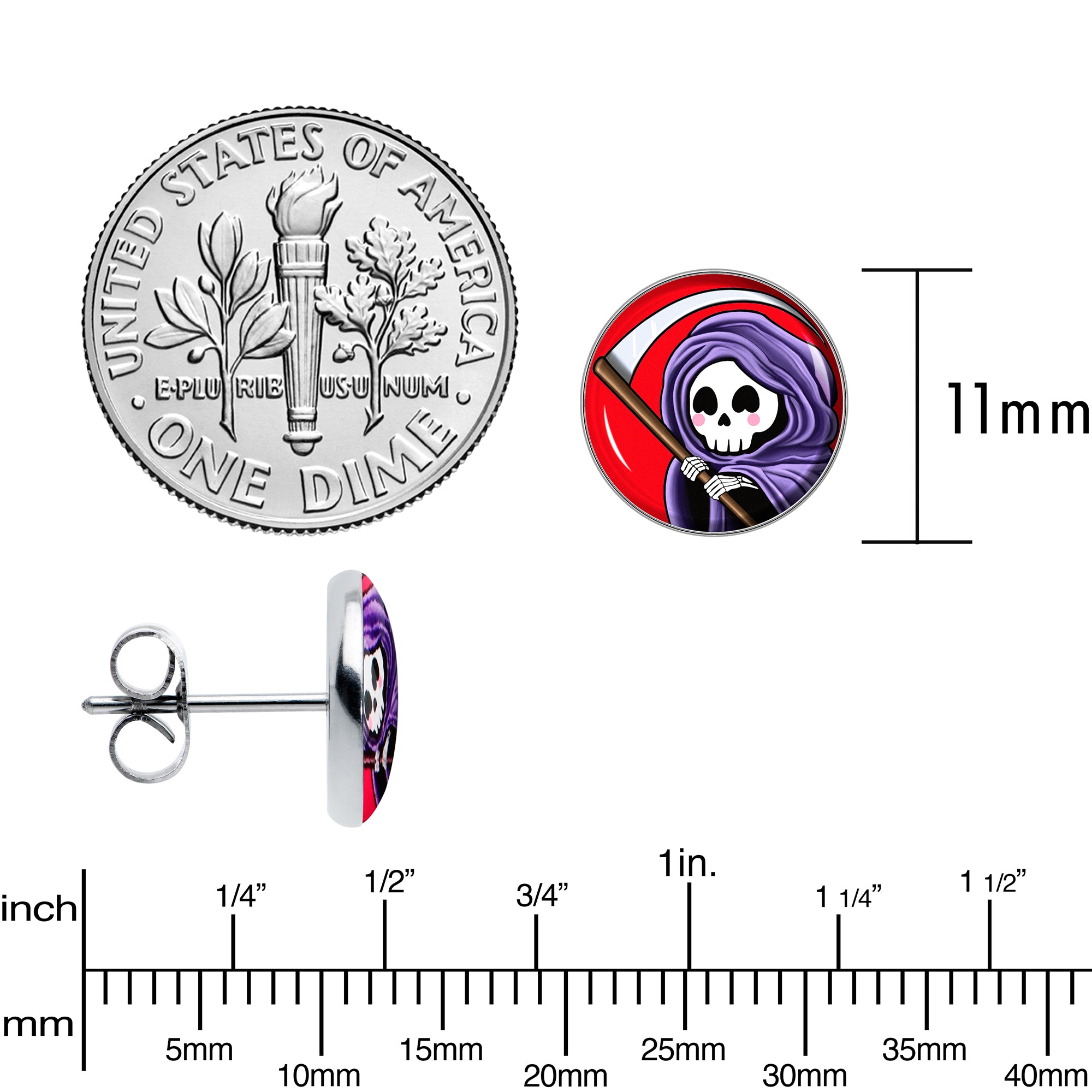 Grim Reaper Stainless Steel Stud Earrings perfect for sensitive ears