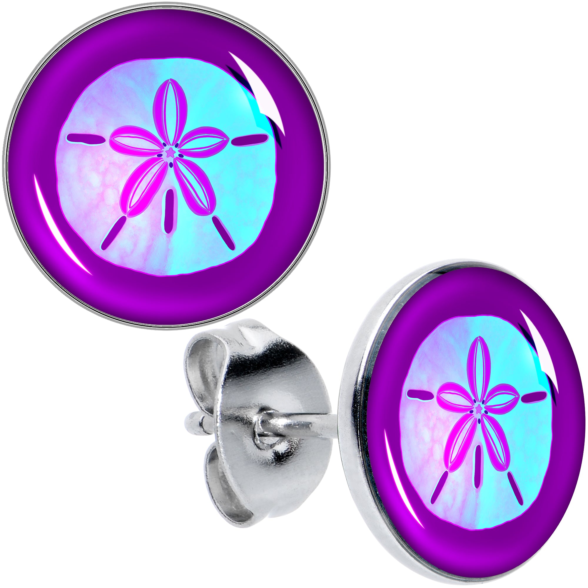Purple Nautical Sand Dollar Hypoallergenic Stainless Steel Stud Earrings