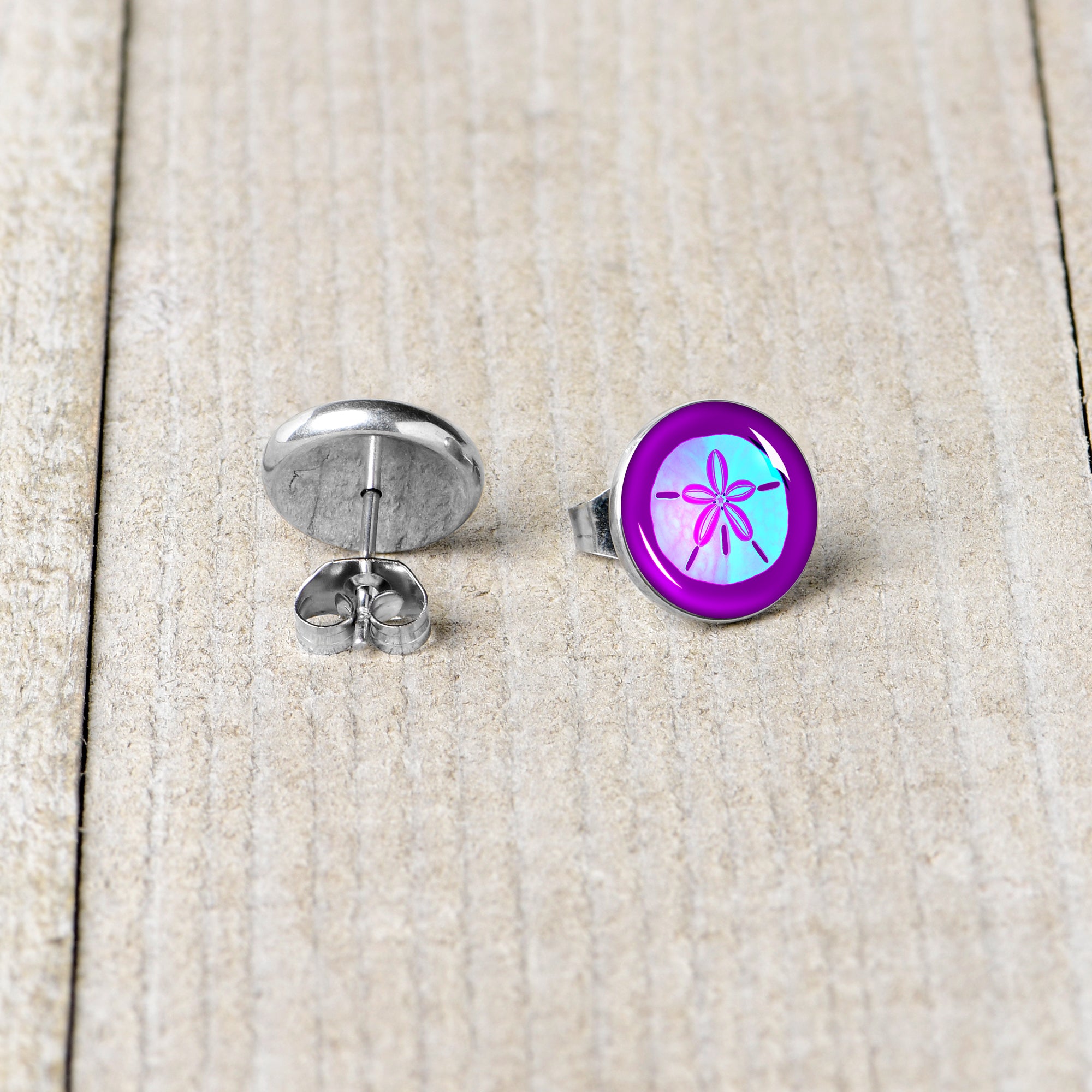 Purple Nautical Sand Dollar Stainless Steel Stud Earrings stainless steel hypoallergenic