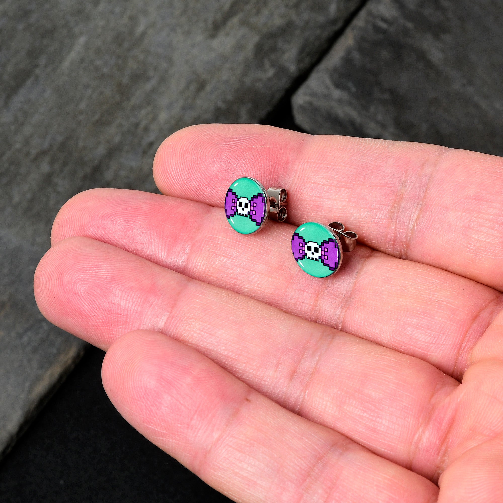 Retro Pixel Skull Stainless Steel Stud Earrings lightweight body jewelry