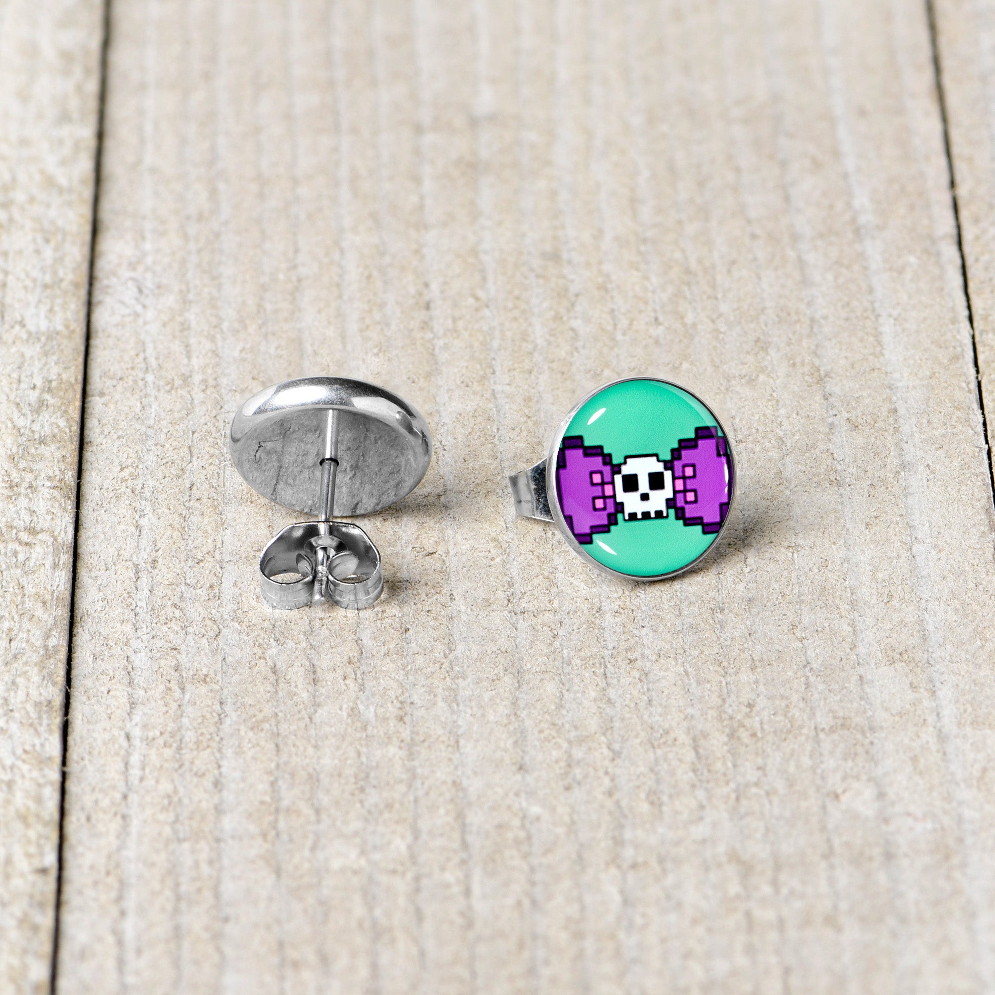 Retro Pixel Skull Stainless Steel Stud Earrings stainless steel hypoallergenic