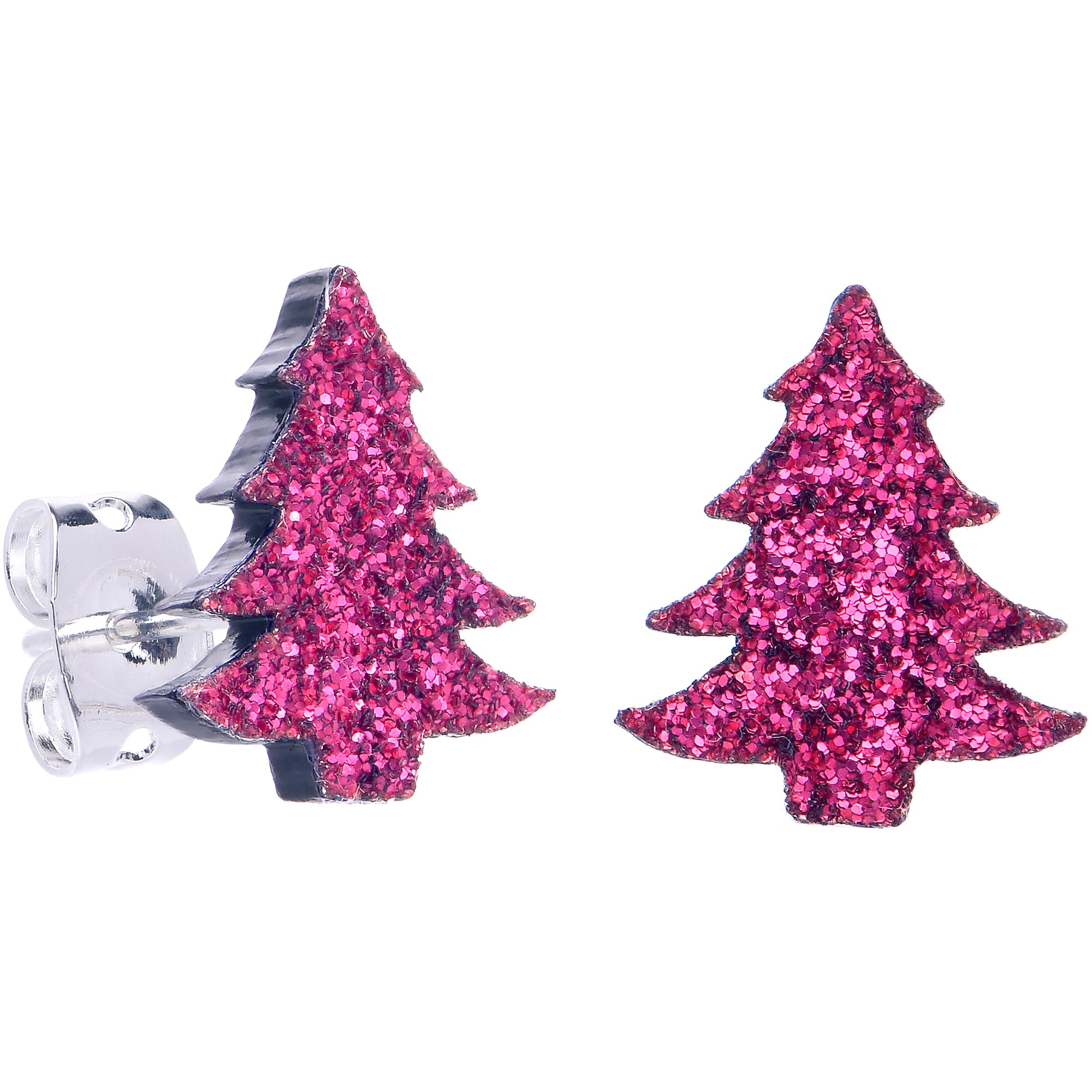 Pink Glitter Christmas Tree Hypoallergenic Stainless Steel Stud Earrings