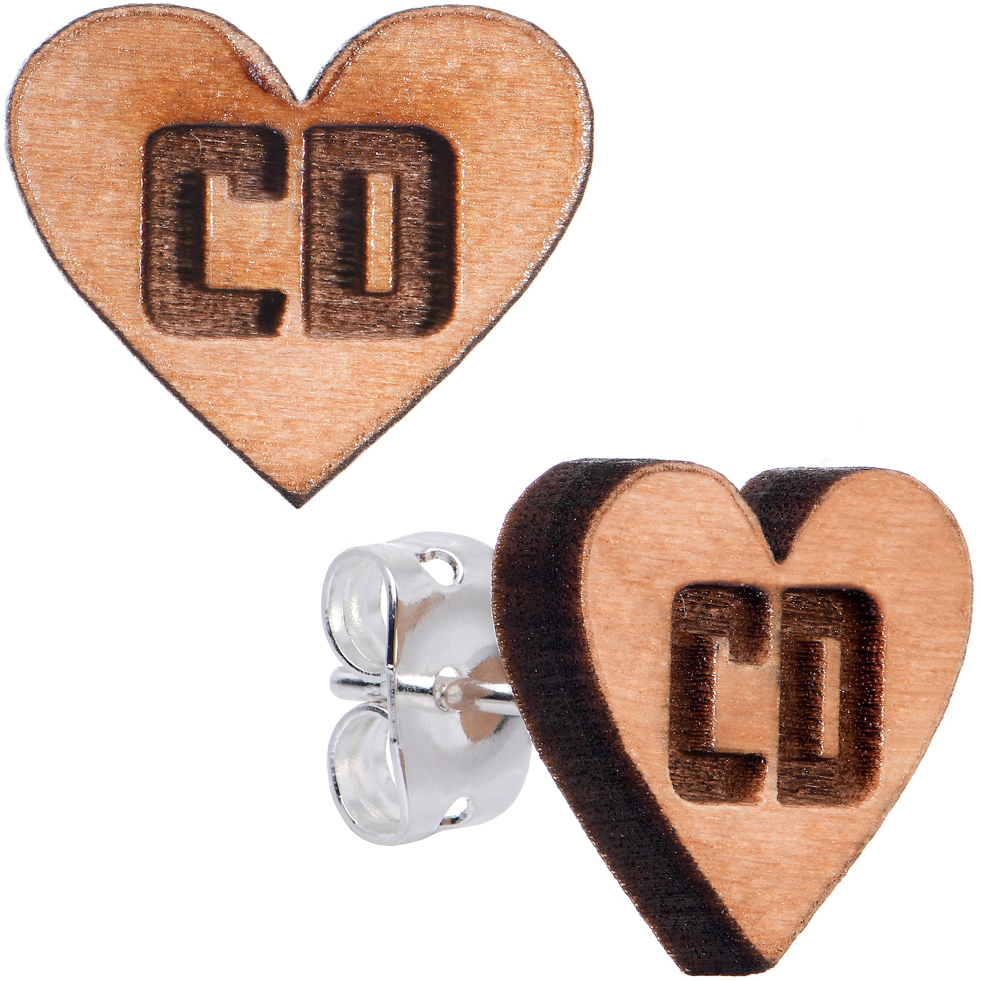 Custom No 2 Earrings Wood Initial Heart Personalized Hypoallergenic Stainless Steel Stud Earrings