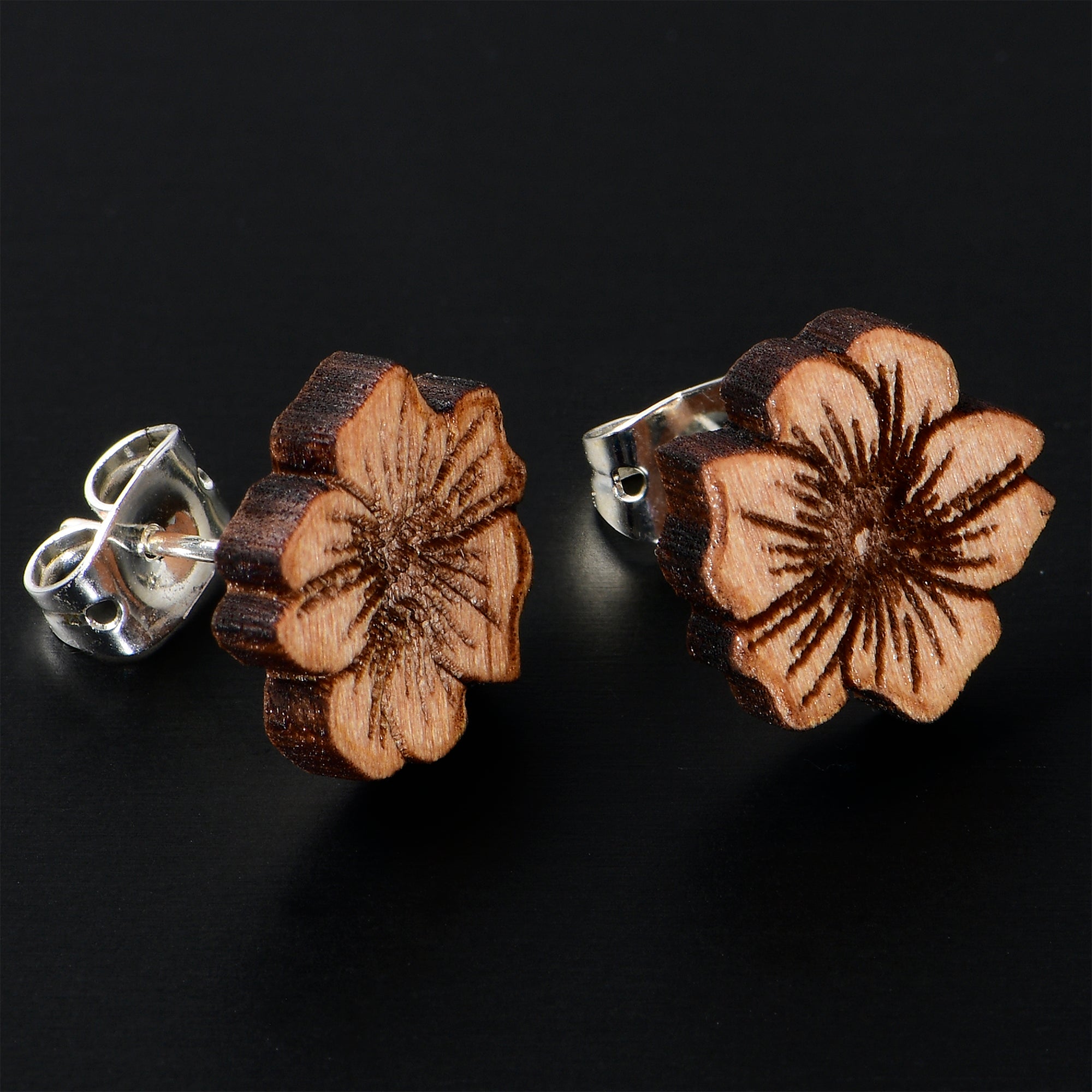 Natural Maple Wood Spring Flowers Stainless Steel Stud Earrings lightweight body jewelry