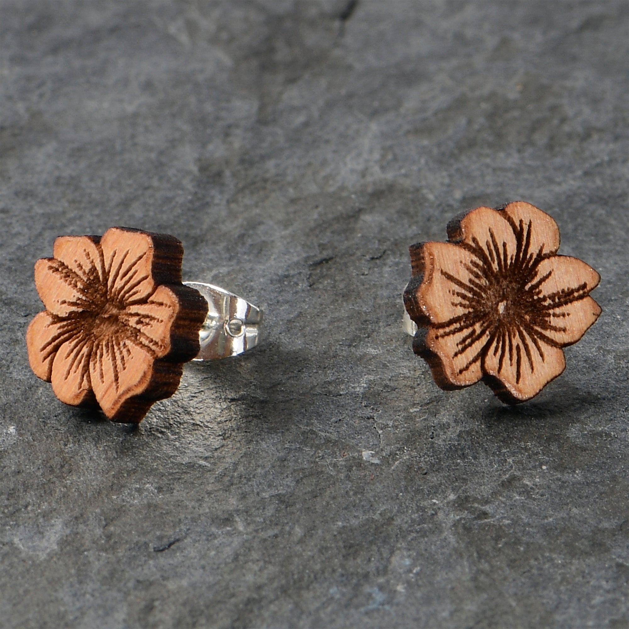 Natural Maple Wood Spring Flowers Stainless Steel Stud Earrings perfect for sensitive ears