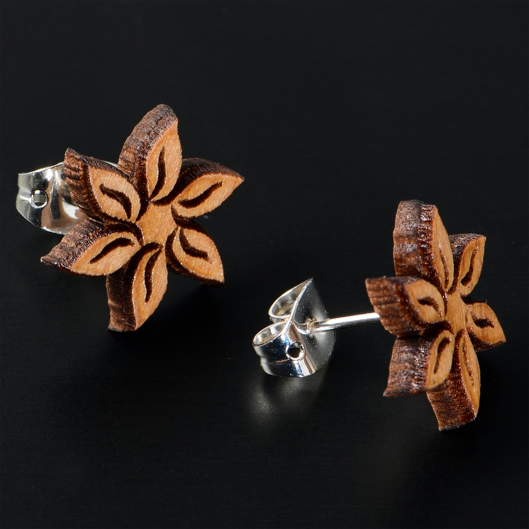 Natural Maple Wood Blooming Flowers Stainless Steel Stud Earrings lightweight body jewelry