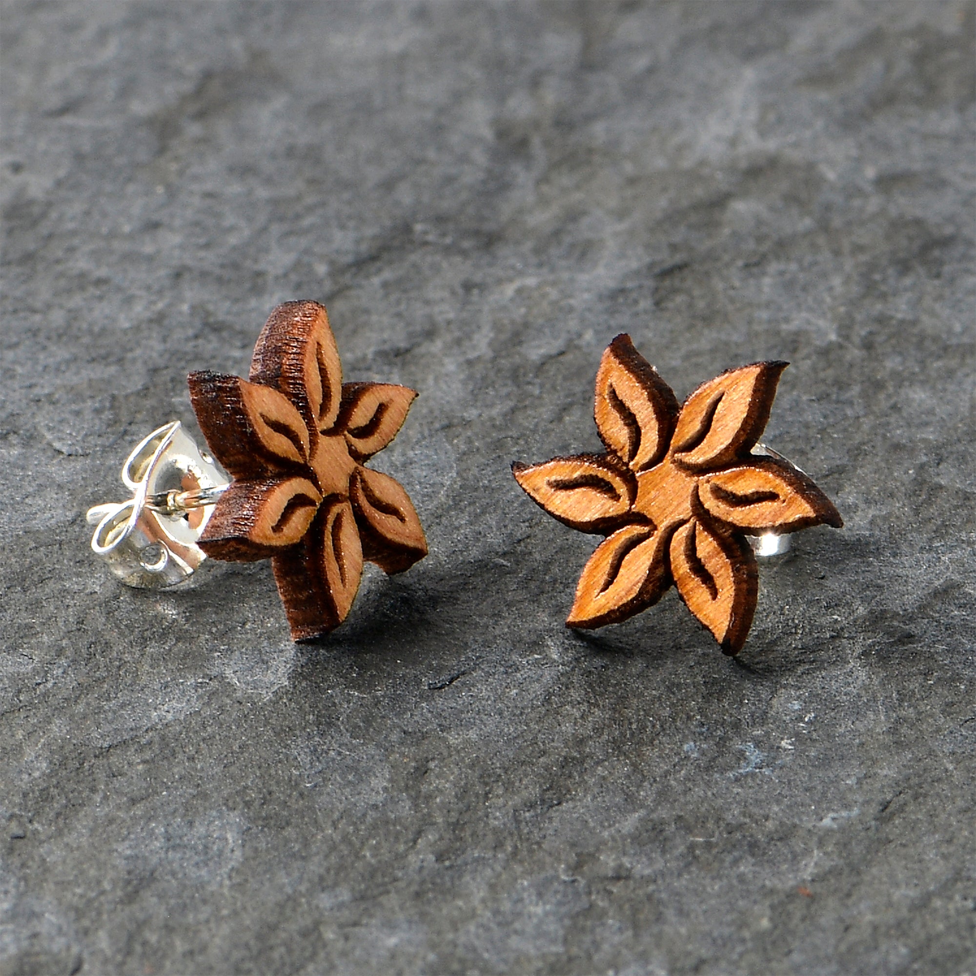 Natural Maple Wood Blooming Flowers Stainless Steel Stud Earrings perfect for sensitive ears