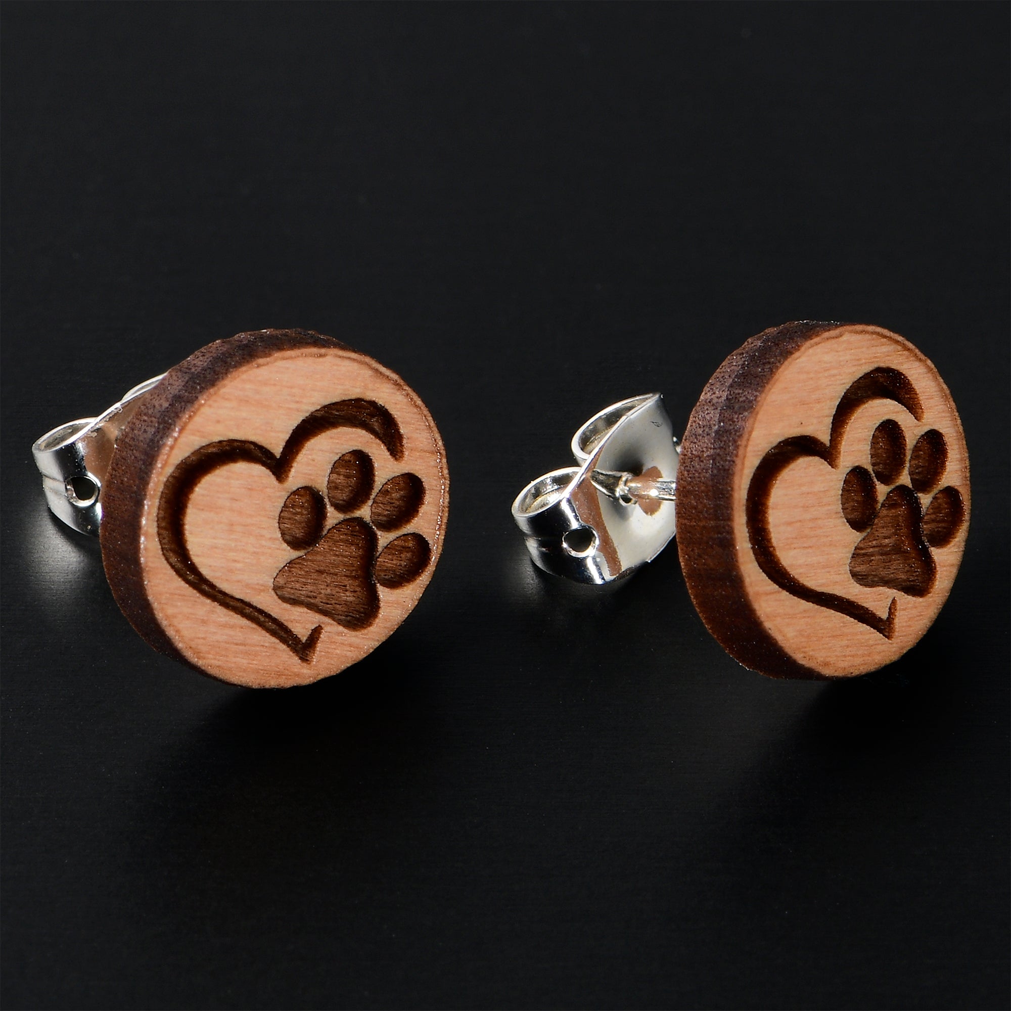 Natural Maple Wood Heart Paw Print Stainless Steel Stud Earrings lightweight body jewelry